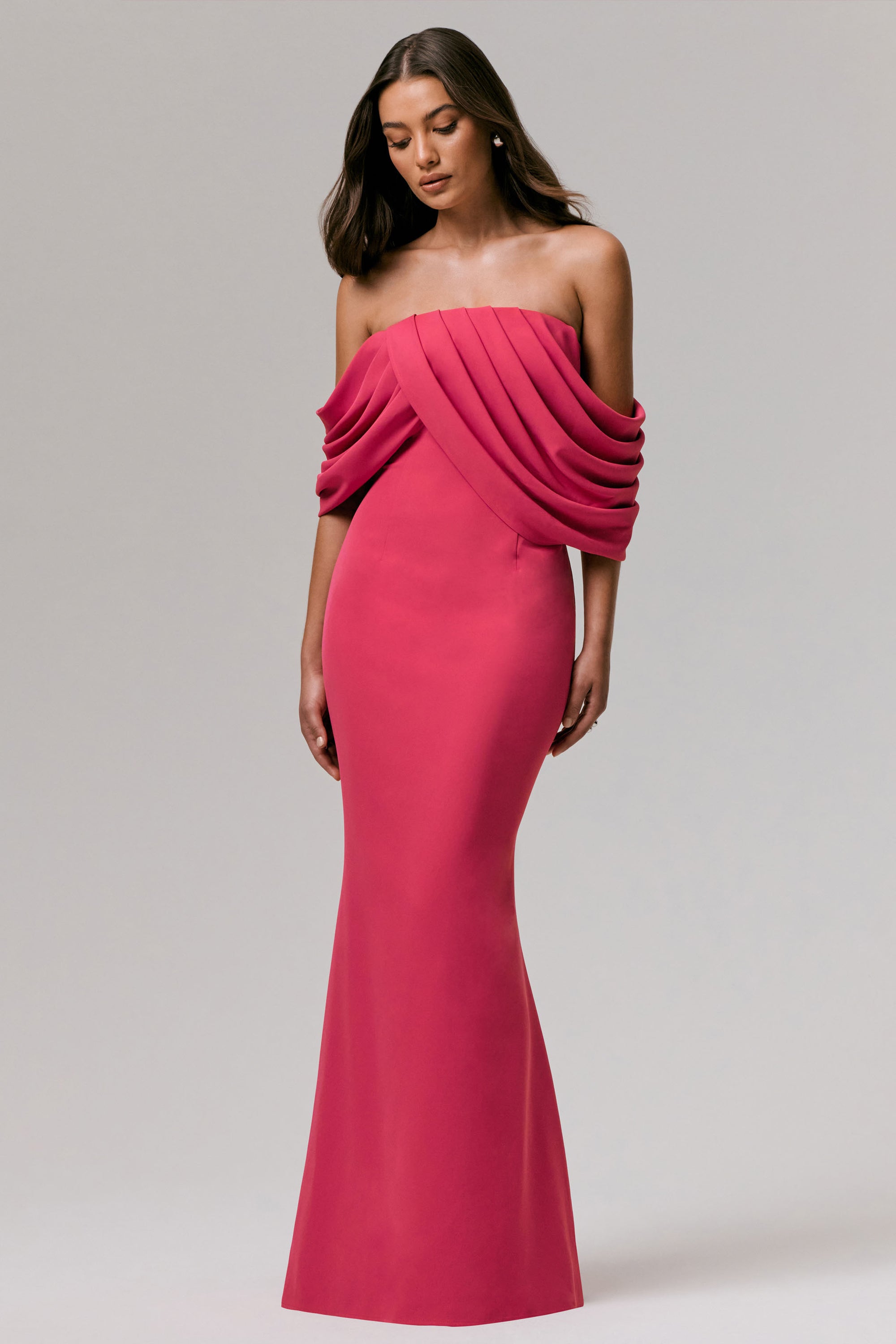 Serene | HOT PINK Draped Bardot Maxi Dress