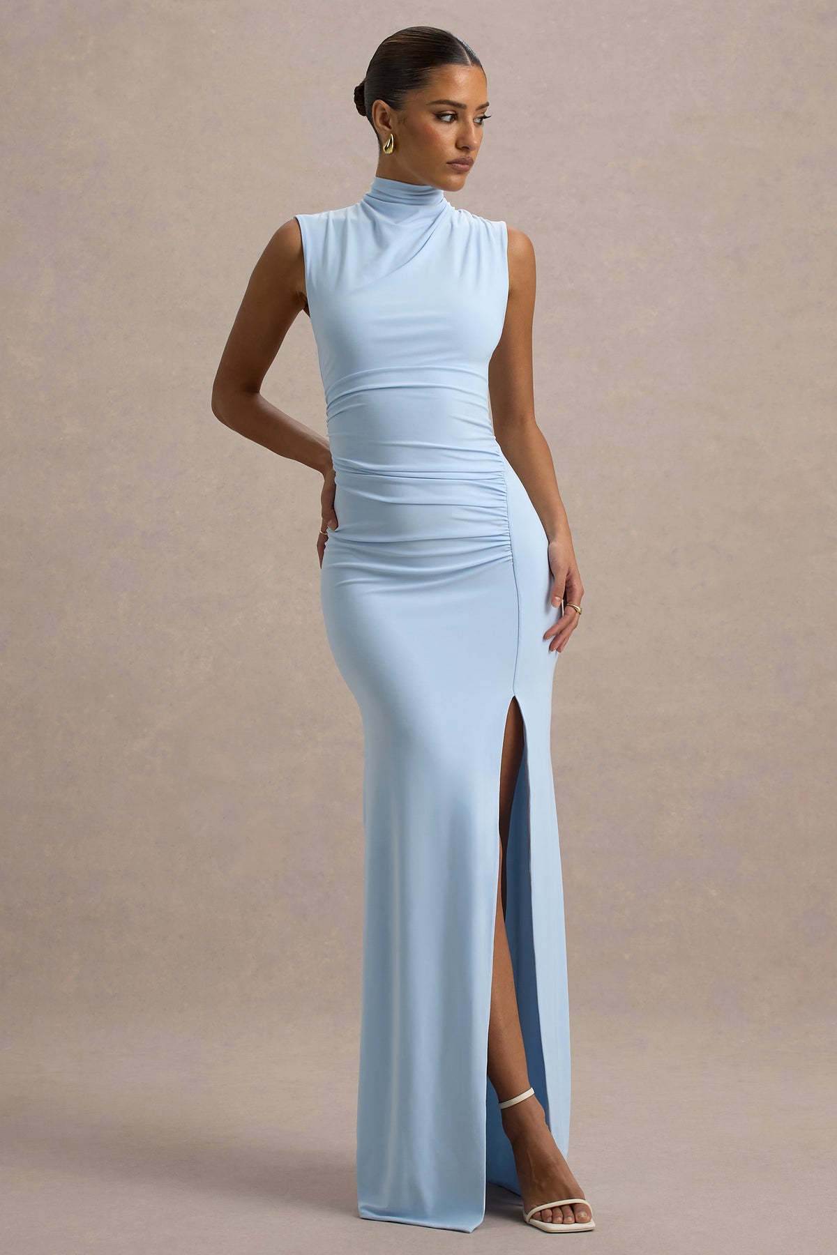 Lanetta | Powder Blue Ruched High-Neck Maxi Dress With Split