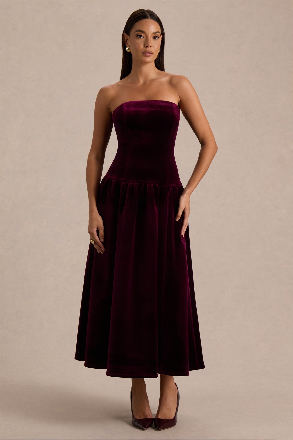 Violetta Burgundy Velvet Bandeau Midi Dress With Drop-Waist And Gath Club L London - USA Violetta Burgundy Velvet Bandeau Midi Dress With Drop-Waist And Gath Club L London - USA