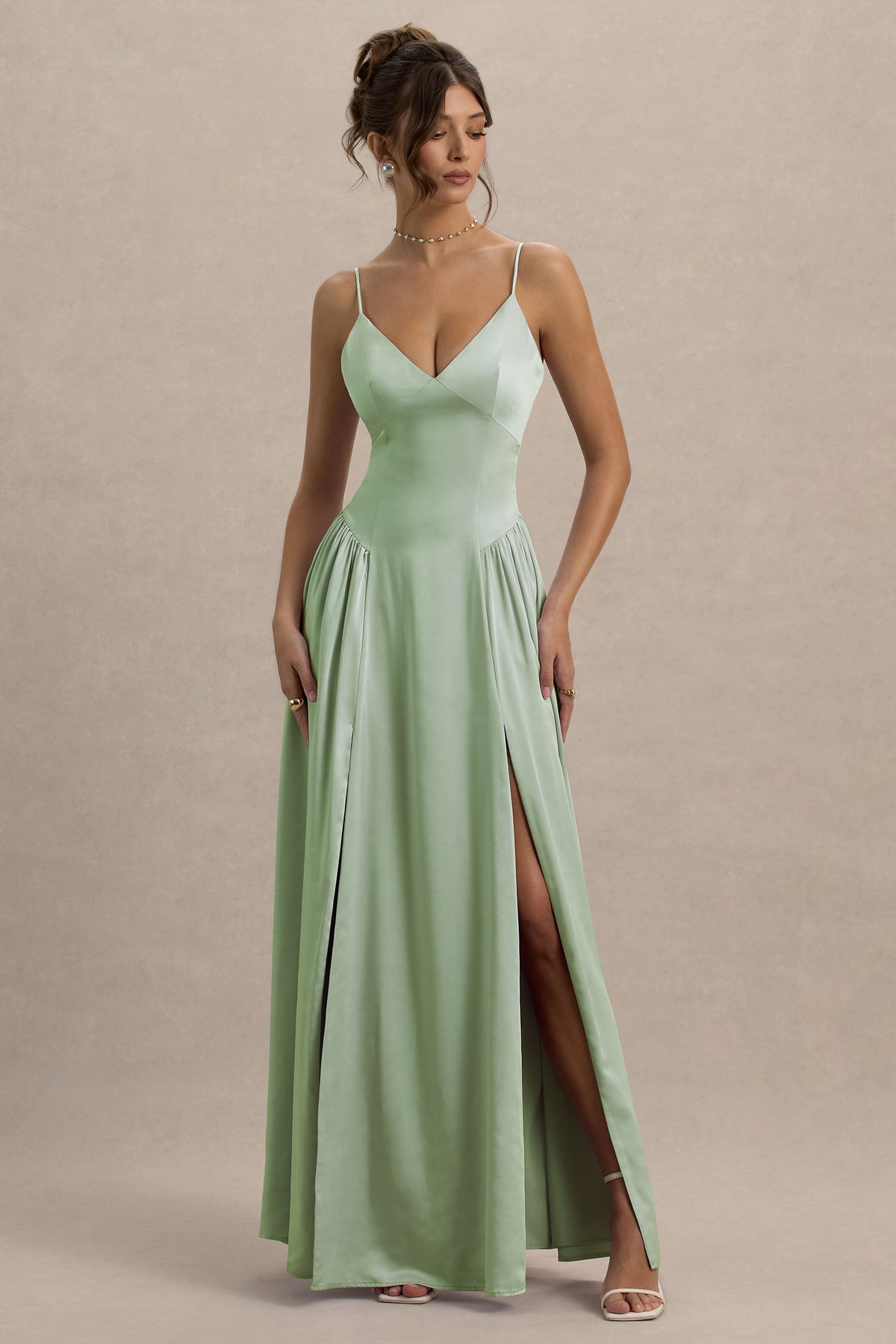 Jonas Light Green Plunge-Neck Maxi Dress With Cami Straps Club L London - USA Jonas Light Green Plunge-Neck Maxi Dress With Cami Straps Club L London - USA