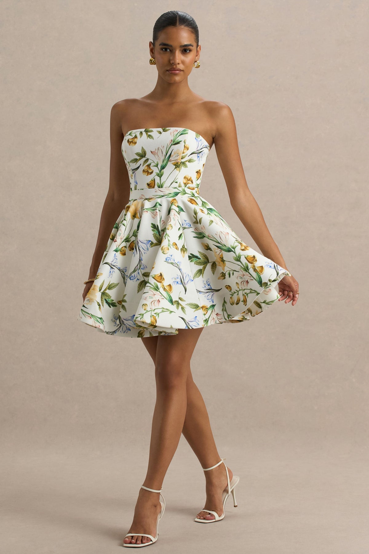Valerian Lemon Floral Print Bandeau Mini Dress With Ruffle Hem Club L London - USA Valerian Lemon Floral Print Bandeau Mini Dress With Ruffle Hem Club L London - USA