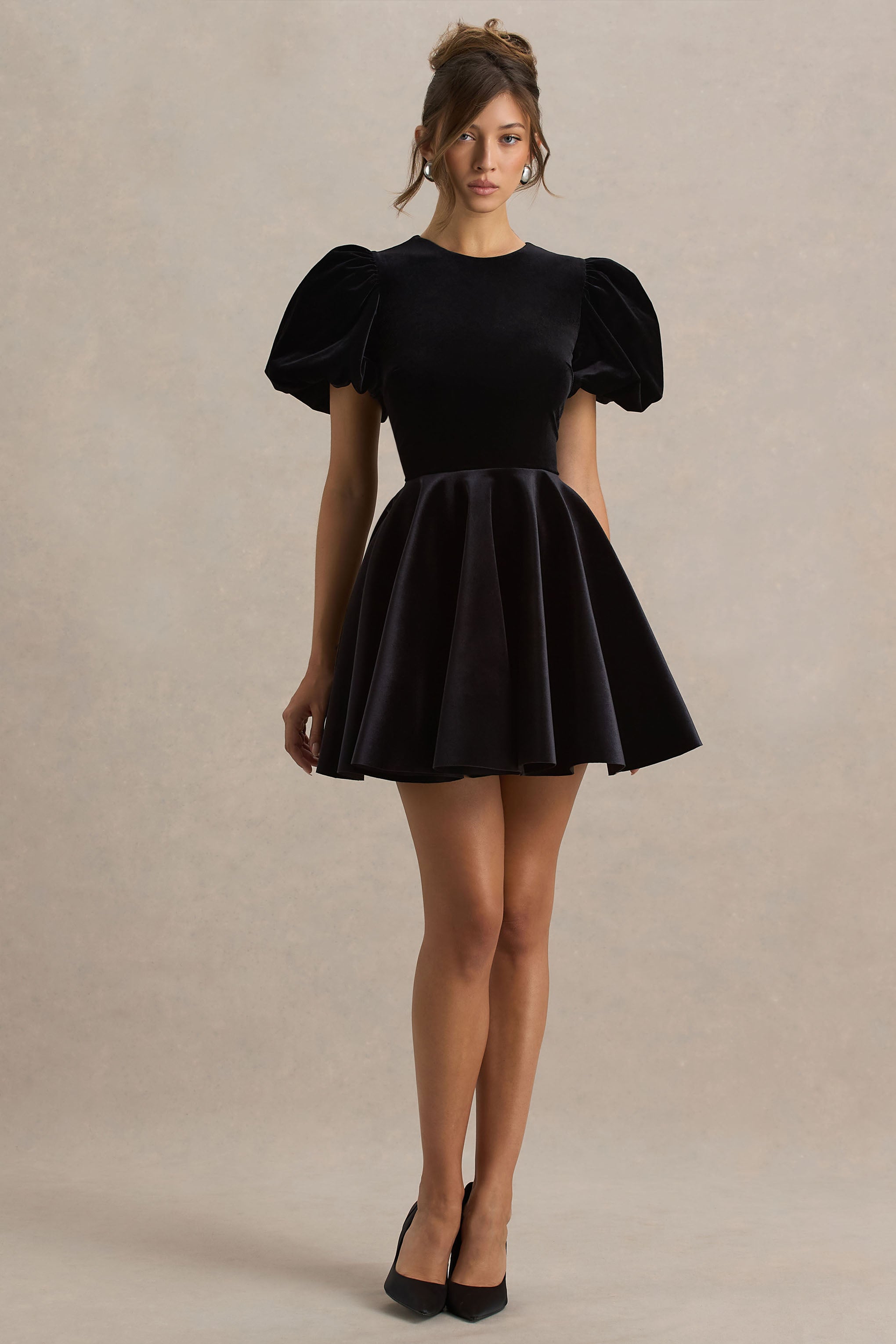 Priya | Black Velvet Mini Dress With Puff Sleeves – Club L London