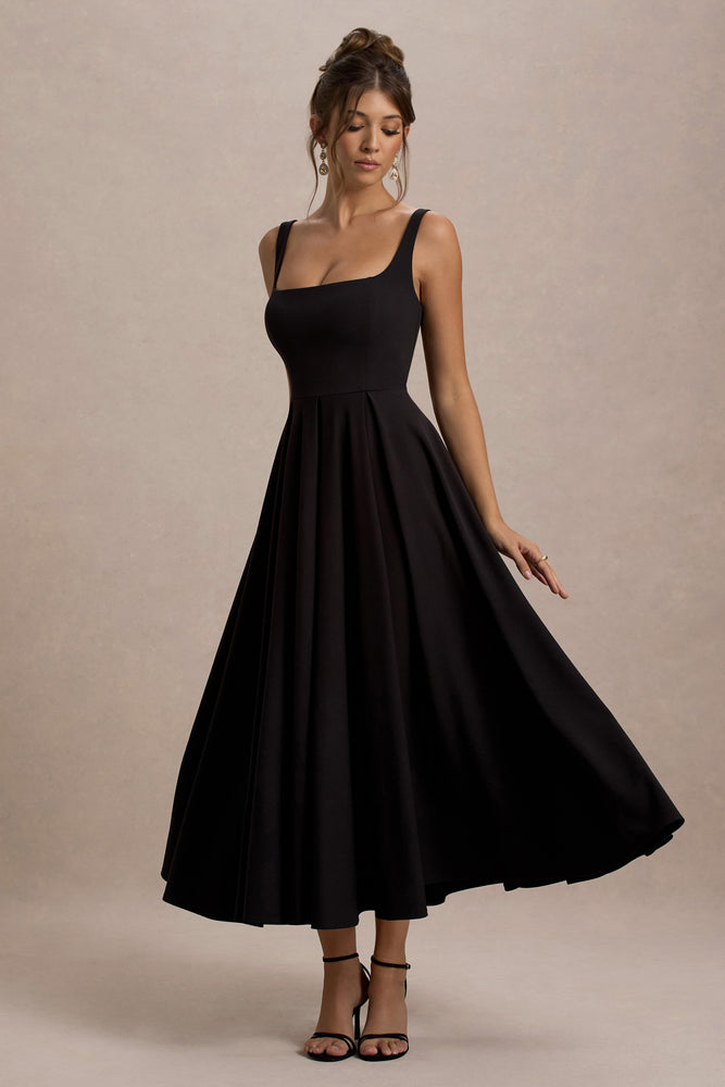 Parina | Black Strappy Volume-Hem Midi Dress, US 12 / Black Parina | Black Strappy Volume-Hem Midi Dress, US 12 / Black
