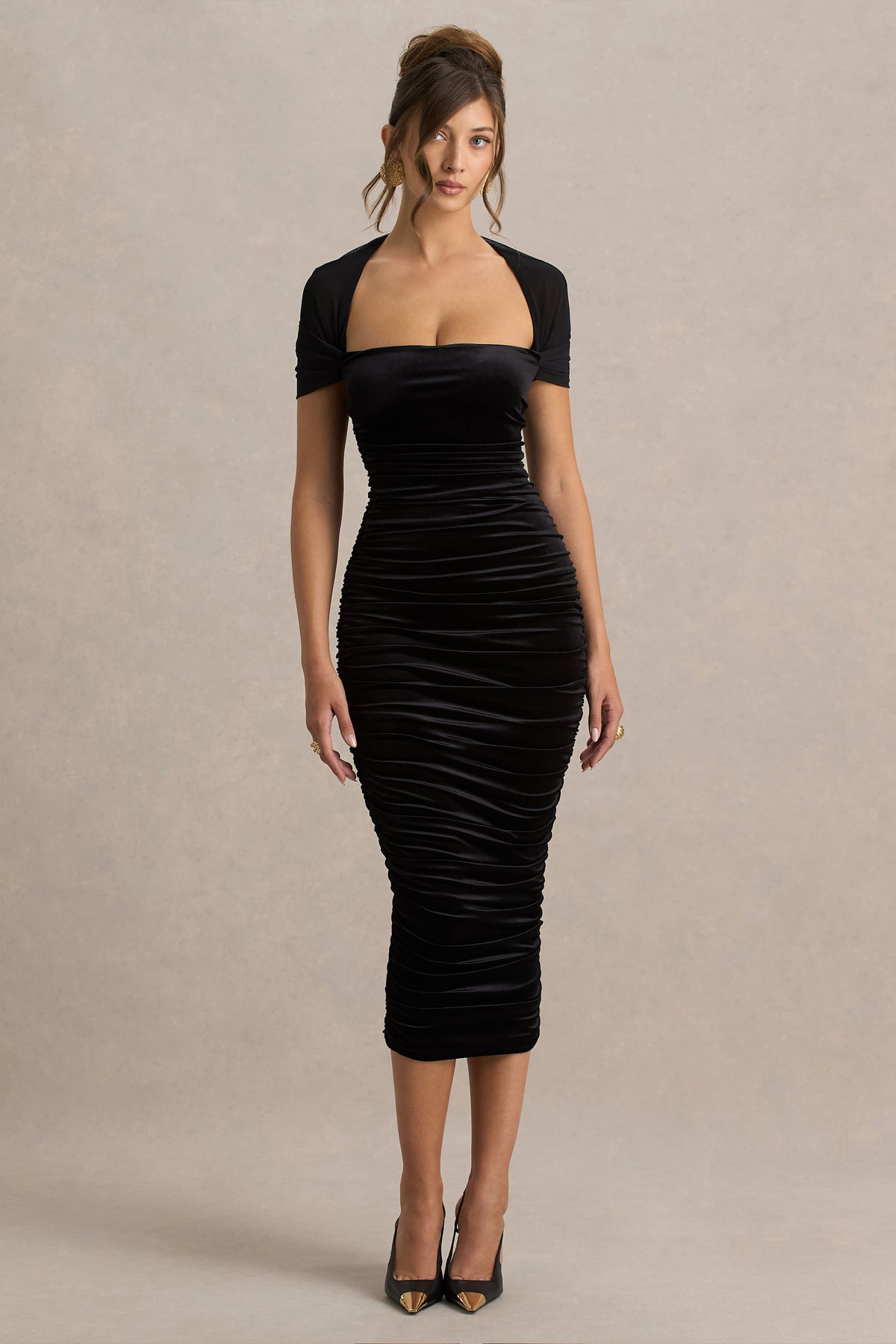 Chrissy | Black Velvet Square-Neck Midi Dress With Mesh-Sleeves And Ruched Detailing - UK 12 Black Chrissy | Black Velvet Square-Neck Midi Dress With Mesh-Sleeves And Ruched Detailing - UK 12 Black