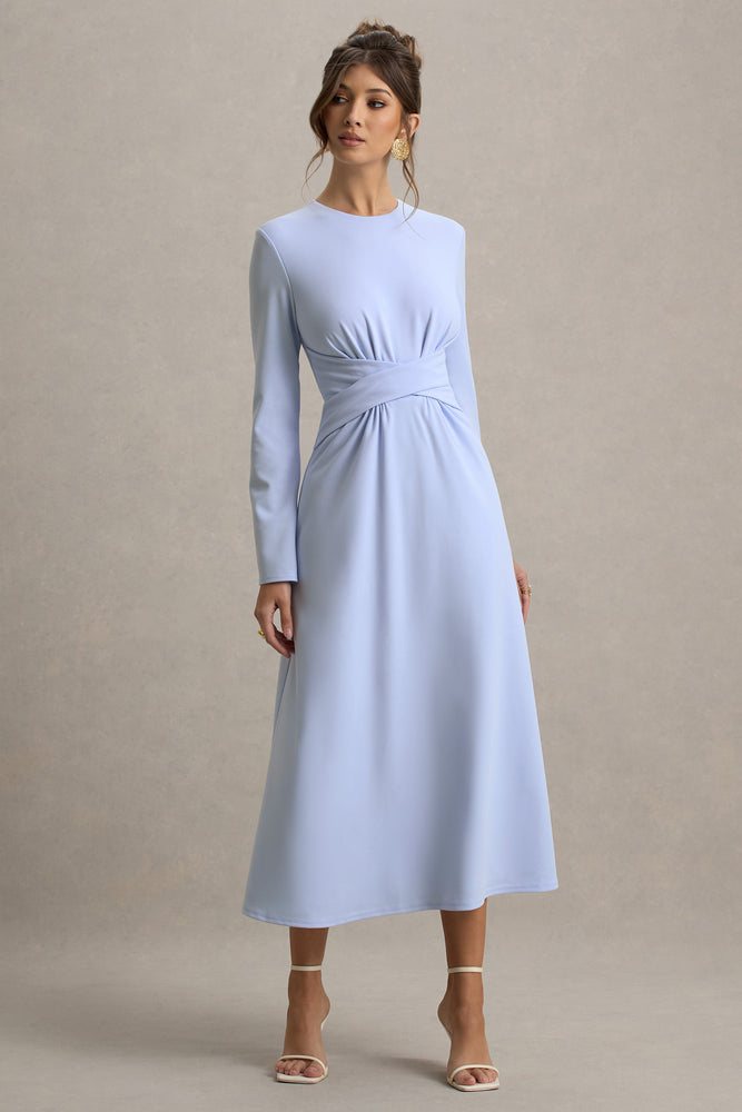 Cassiopeia Light Blue Long-Sleeve Midi Dress With Cross Waist  Club L  London - USA