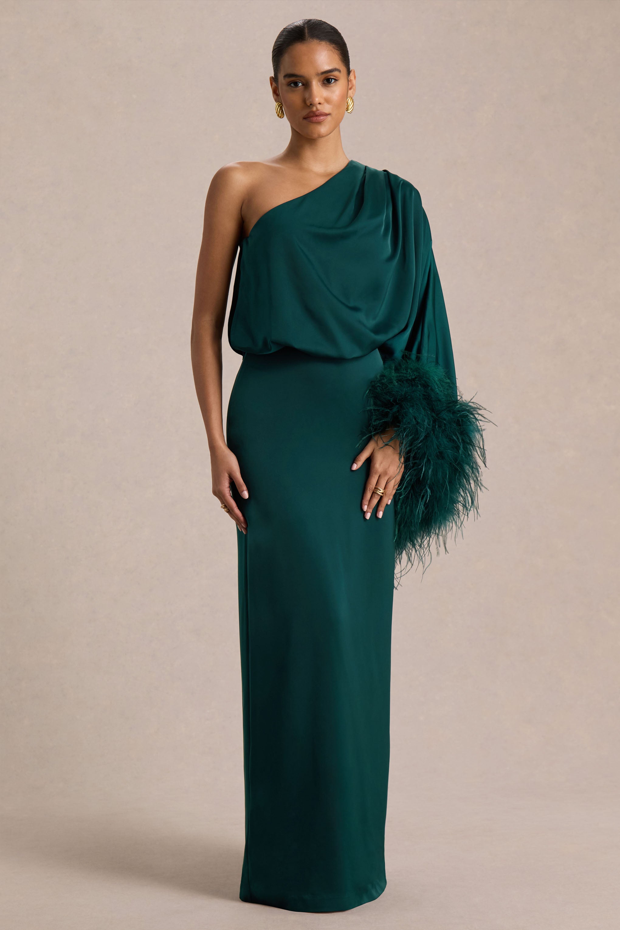 Felicity | Teal Satin Asymmetric-Neck Maxi Dress With Feather