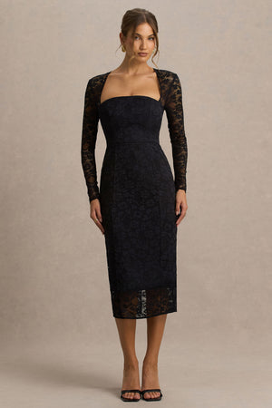 aline black lace dress Alissa | Square-Neck Midi Black Crochet Bell Sleeve Men's Navy Blue Suits line silhouette Talla:12M
