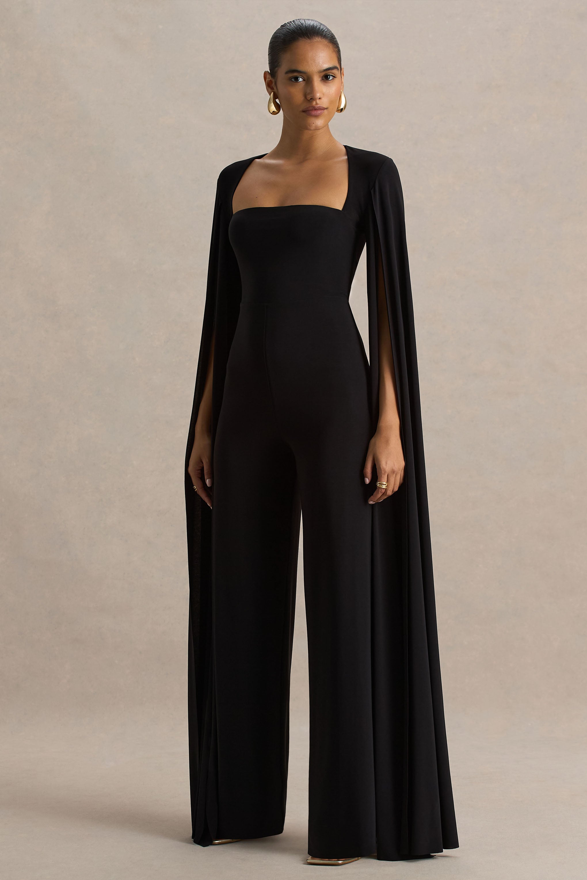 Zara | Black Square-Neck Jumpsuit With Cape Sleeves – Club L