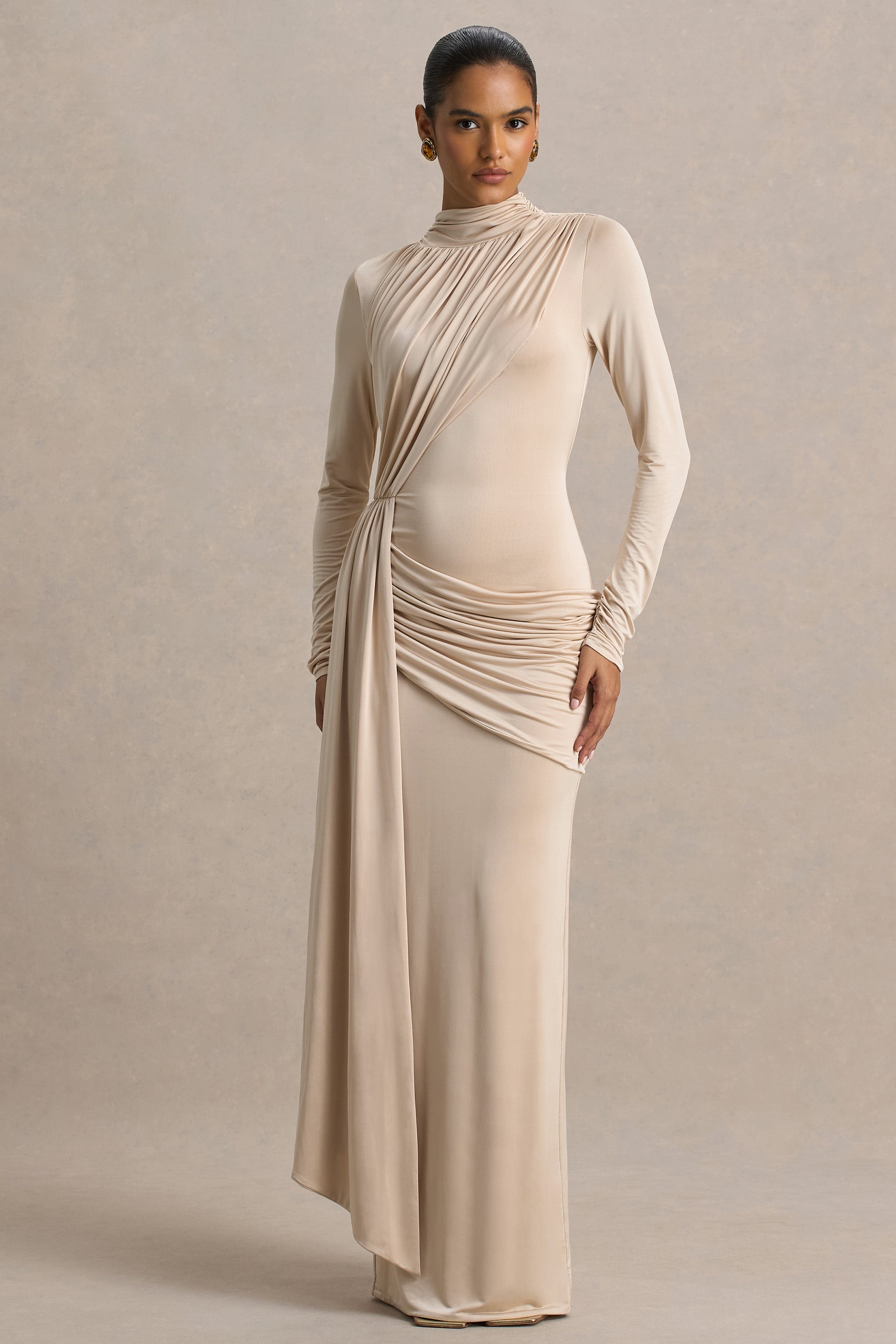 Romi | Champagne High-Neck Maxi Dress With Ruched Detailing – Club
