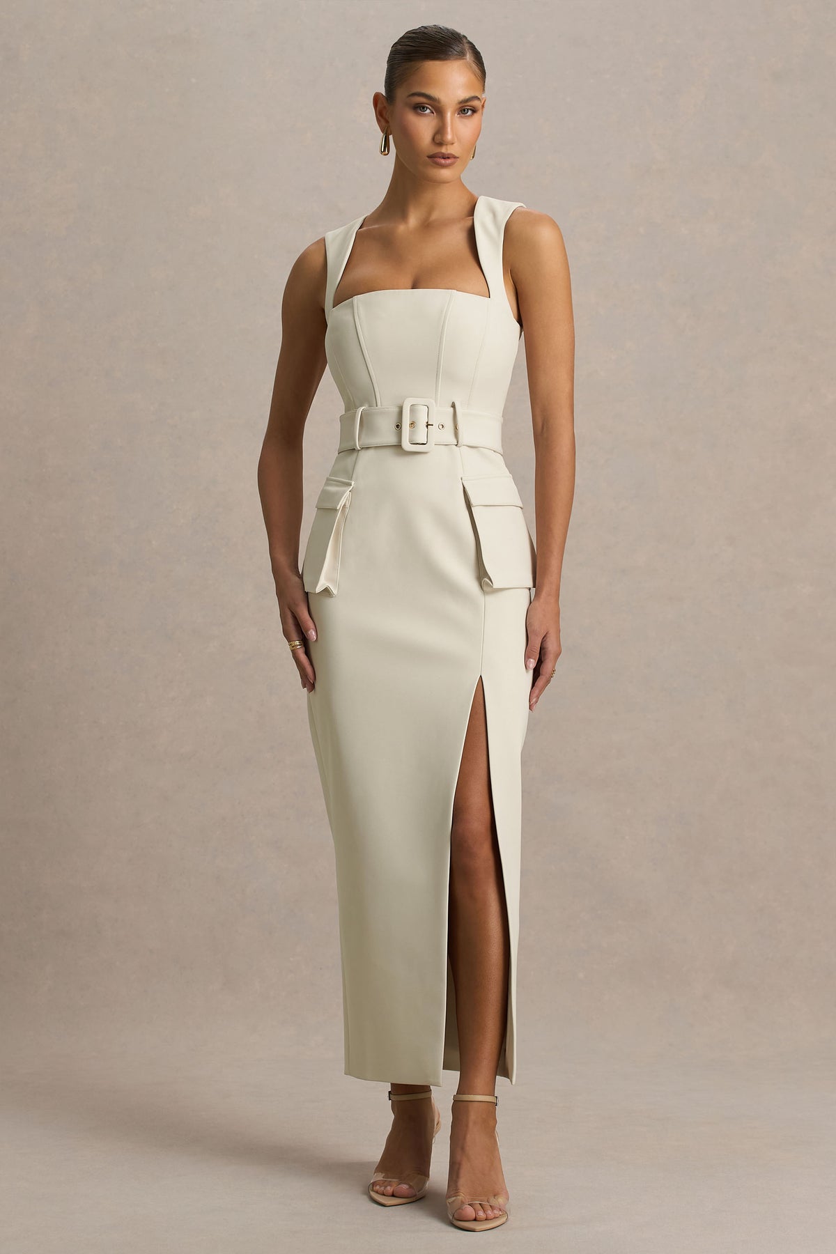 Sandra | Nude Square-Neck Tailored Maxi Dress With Front-High Split - UK 6 stone Sandra | Nude Square-Neck Tailored Maxi Dress With Front-High Split - UK 6 stone