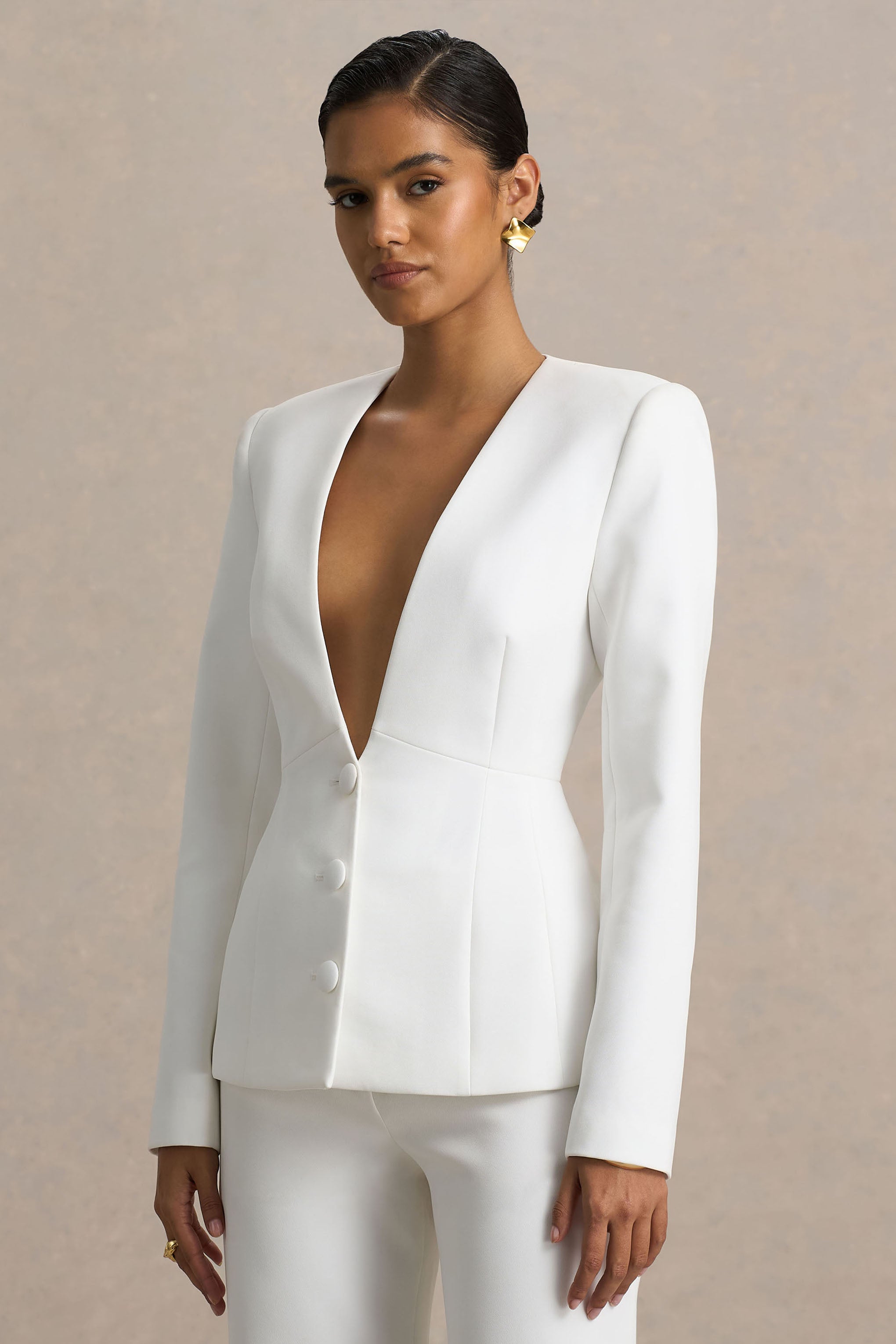Rosalina | White Extreme-Plunge Neck Tailored Blazer – Club L