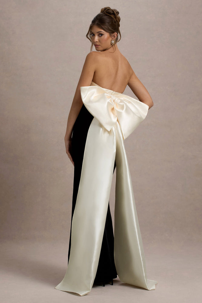 white christmas dresses Take A Bow | Black & Cream Velvet Strapless Maxi Dress with Oversized Bow