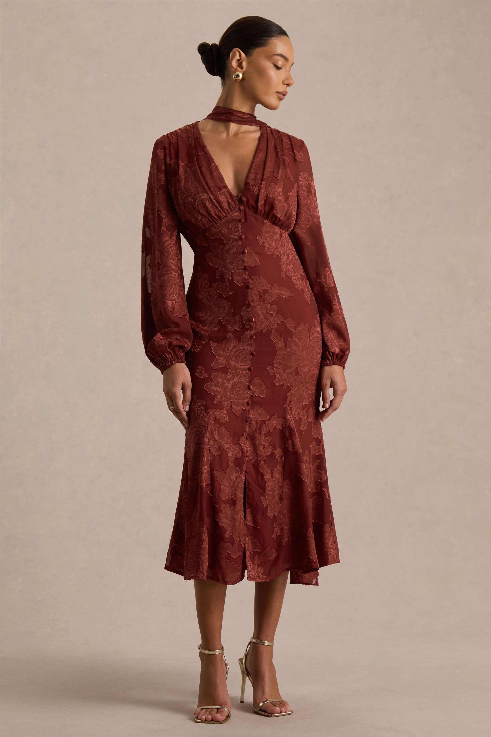Sabina | Rust Devore Plunge-Neck Midi Dress – Club L London - USA