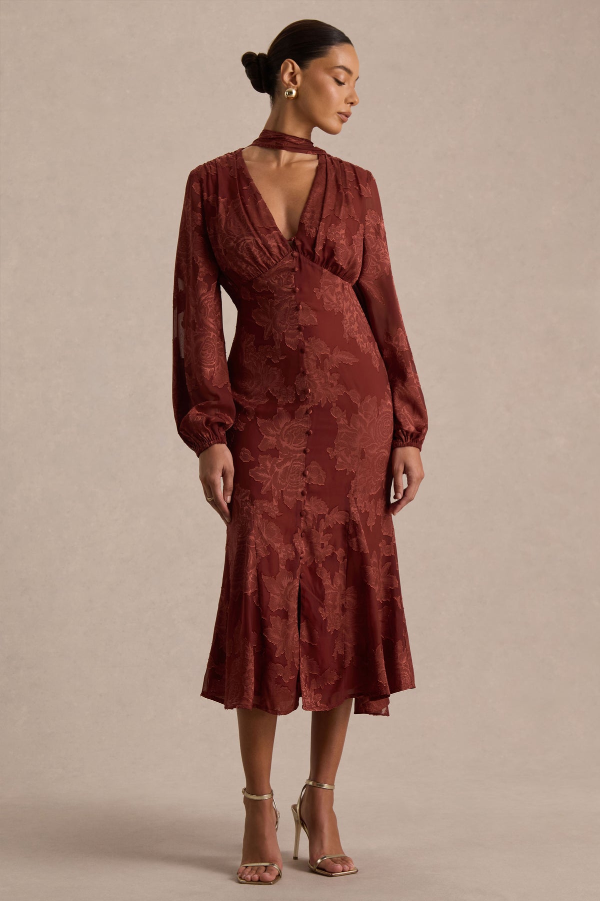 Sabina Rust Devore Plunge-Neck Midi Dress Club L London - USA Sabina Rust Devore Plunge-Neck Midi Dress Club L London - USA
