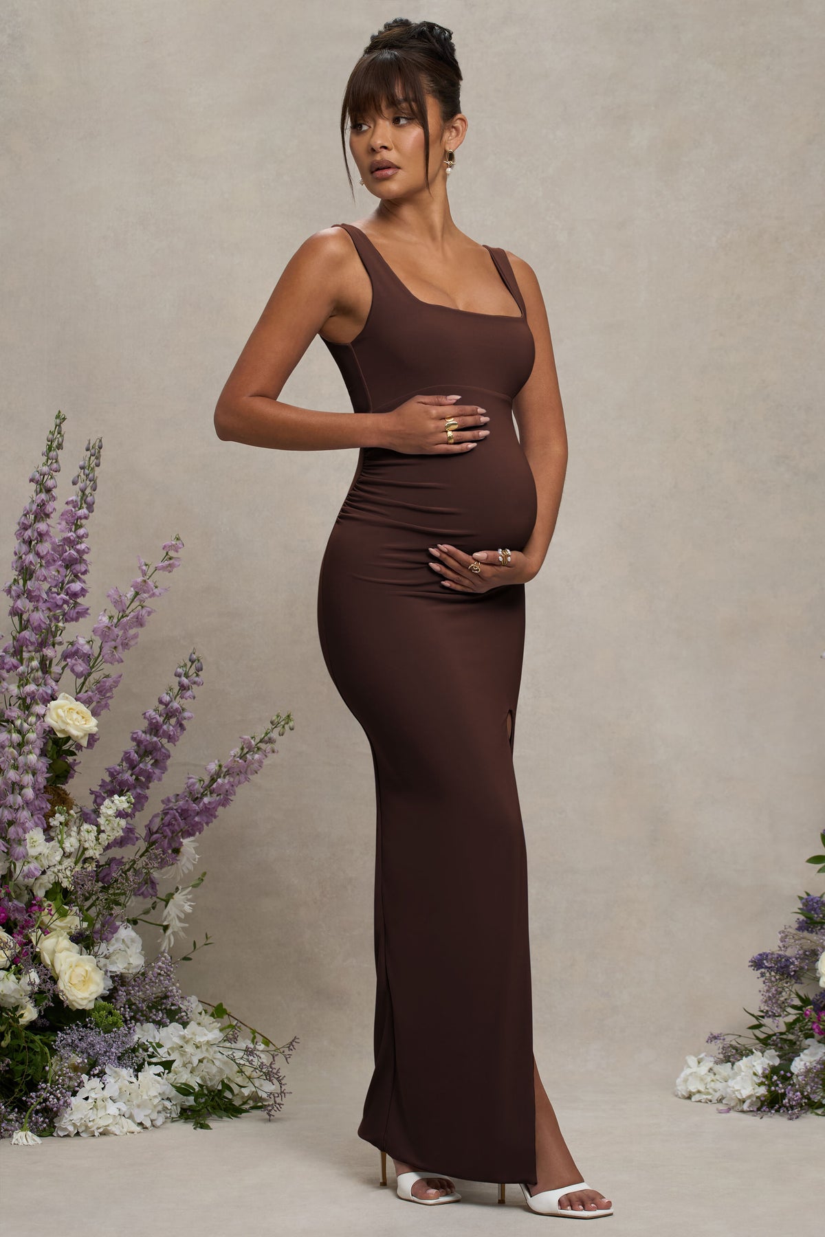 Avril | Brown Square Neck Maternity Maxi Dress with Split - UK 14 DARK Brown Avril | Brown Square Neck Maternity Maxi Dress with Split - UK 14 DARK Brown