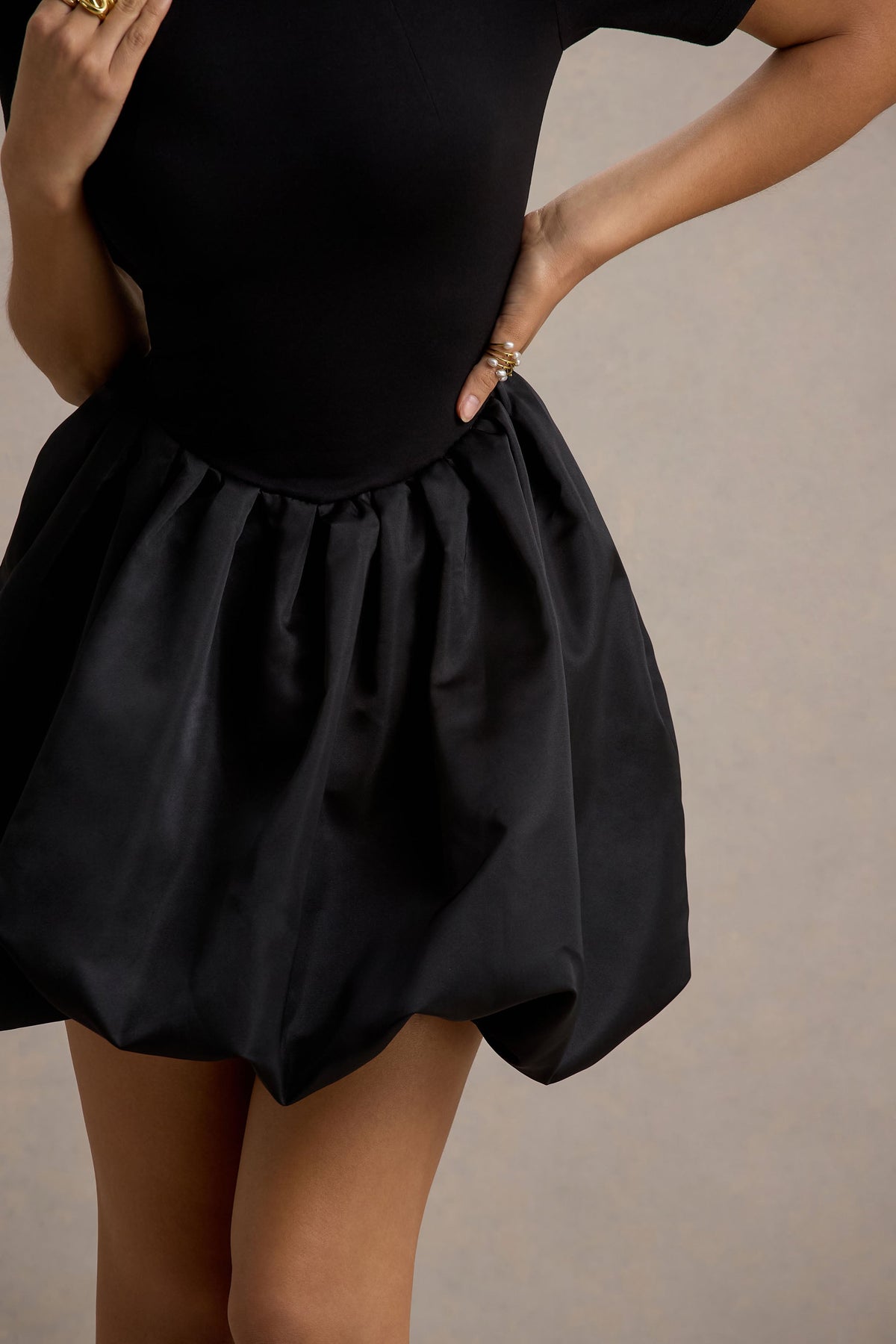 Blake Black Short-Sleeve Mini Dress With Satin Puffball Skirt Club L London - USA Blake Black Short-Sleeve Mini Dress With Satin Puffball Skirt Club L London - USA