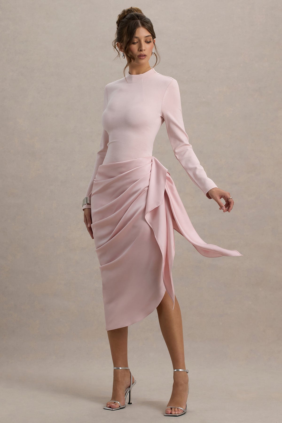 Raffie Pink Long-Sleeve Midi Dress With Satin Wrap Skirt Club L London - USA Raffie Pink Long-Sleeve Midi Dress With Satin Wrap Skirt Club L London - USA