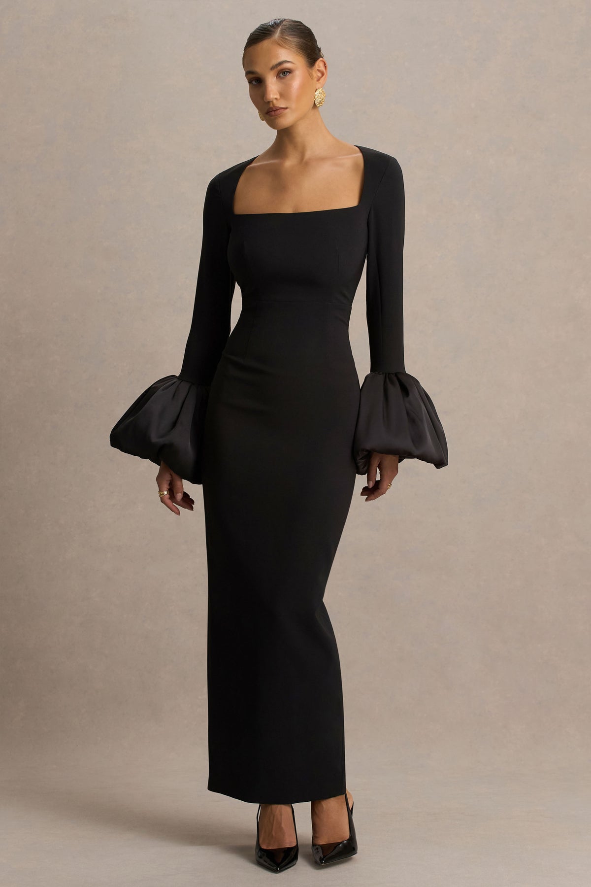 Retreat Black Square-Neck Maxi Dress With Satin Puff-Sleeves Club L London - USA Retreat Black Square-Neck Maxi Dress With Satin Puff-Sleeves Club L London - USA