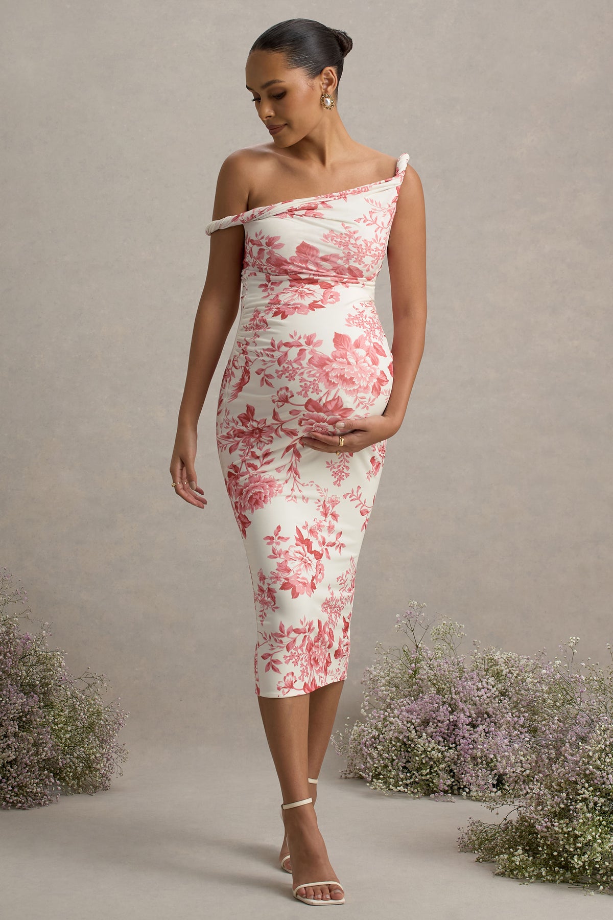 Salome Pink Floral Print Twisted Asymmetric Maternity Midi Dress Club L London - USA Salome Pink Floral Print Twisted Asymmetric Maternity Midi Dress Club L London - USA