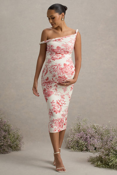 maternity porcelain print bengaline asymmetric frill midi dress Salome | PINK Floral Twisted Lilah Maxi Dress - all going out ensuring you are flattered SIZE:XXL