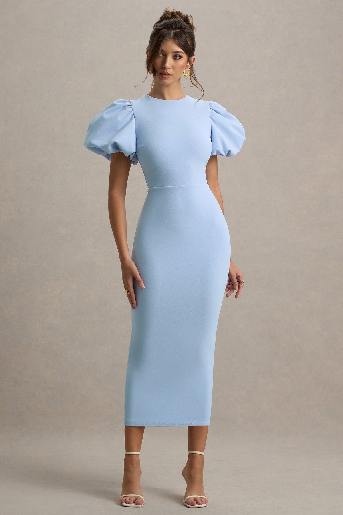 Dakota | Powder BLUE Puff-Sleeve Midi Dress - UK 6 Powder BLUE Dakota | Powder BLUE Puff-Sleeve Midi Dress - UK 6 Powder BLUE
