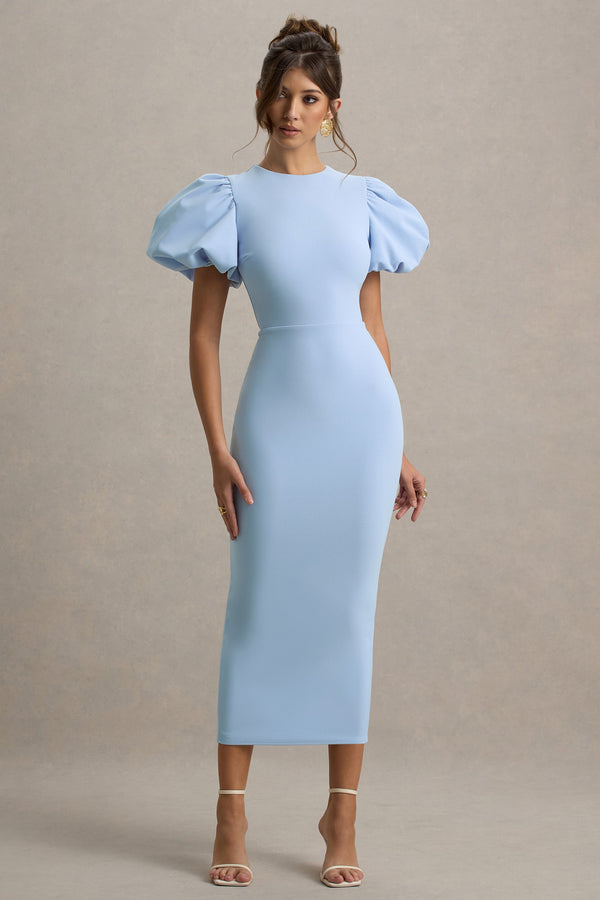 midi puff sleeve dress Dakota | Powder BLUE Puff-Sleeve Midi Dress