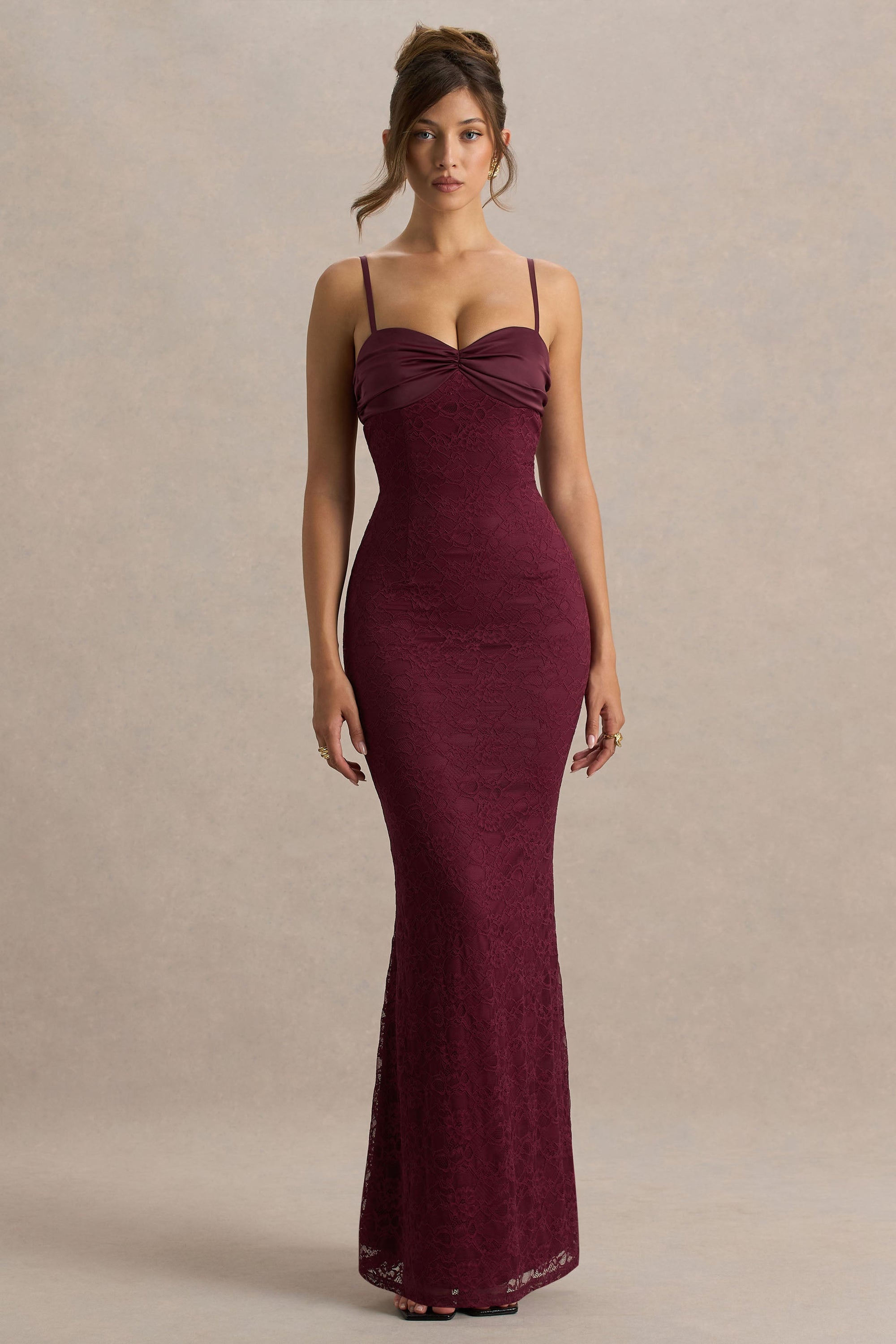 burgundy color lace dress Burgundy Lace Sweetheart Neck Prom Dresses, Strapless Evening Gown, MP834