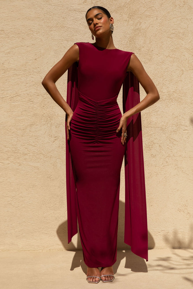 Saige Burgundy Cap-Sleeve Gathered Maxi Dress – Club L