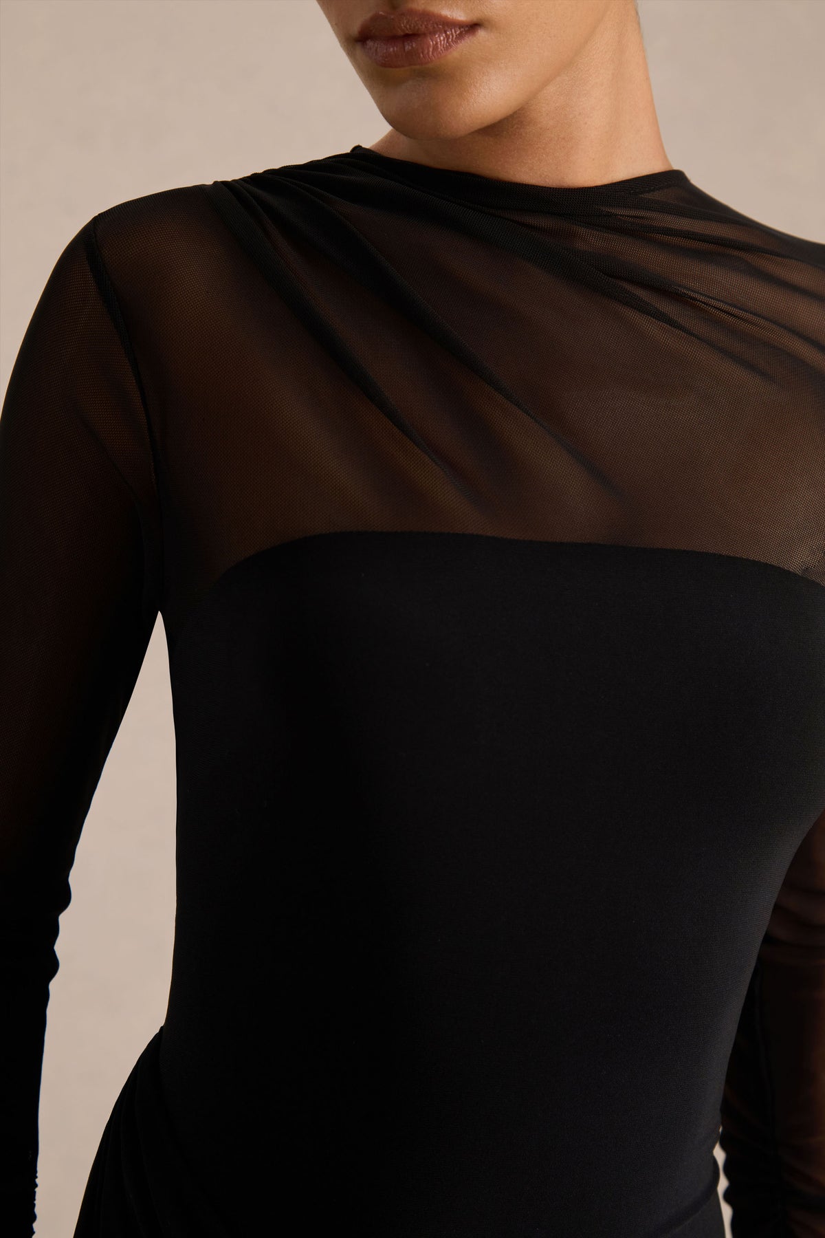 Deema Black Jersey And Mesh High Neck Maxi Dress Club L London - USA Deema Black Jersey And Mesh High Neck Maxi Dress Club L London - USA