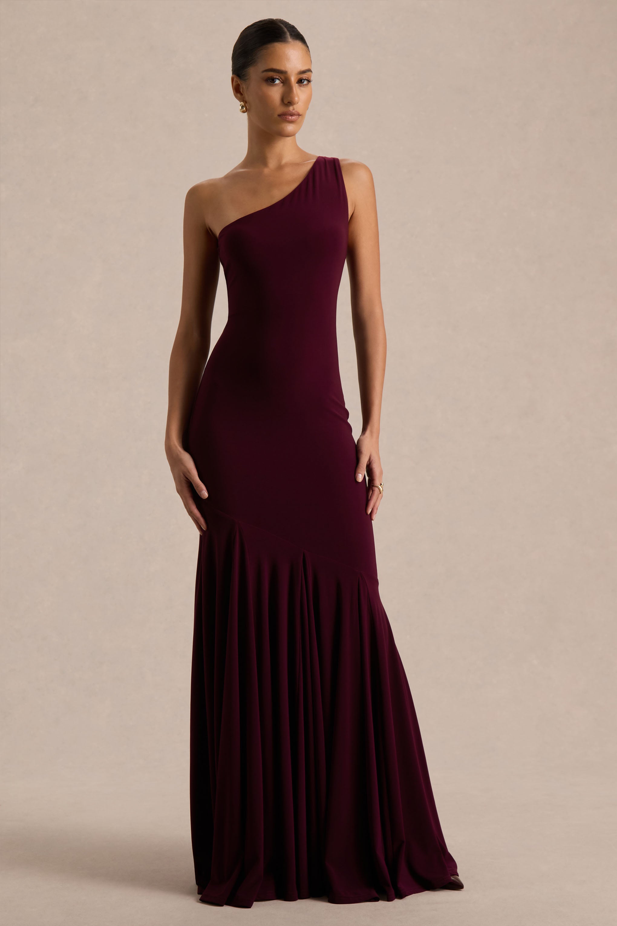 Zya | Dark Plum Asymmetric-Neck Fishtail Maxi Dress – Club L