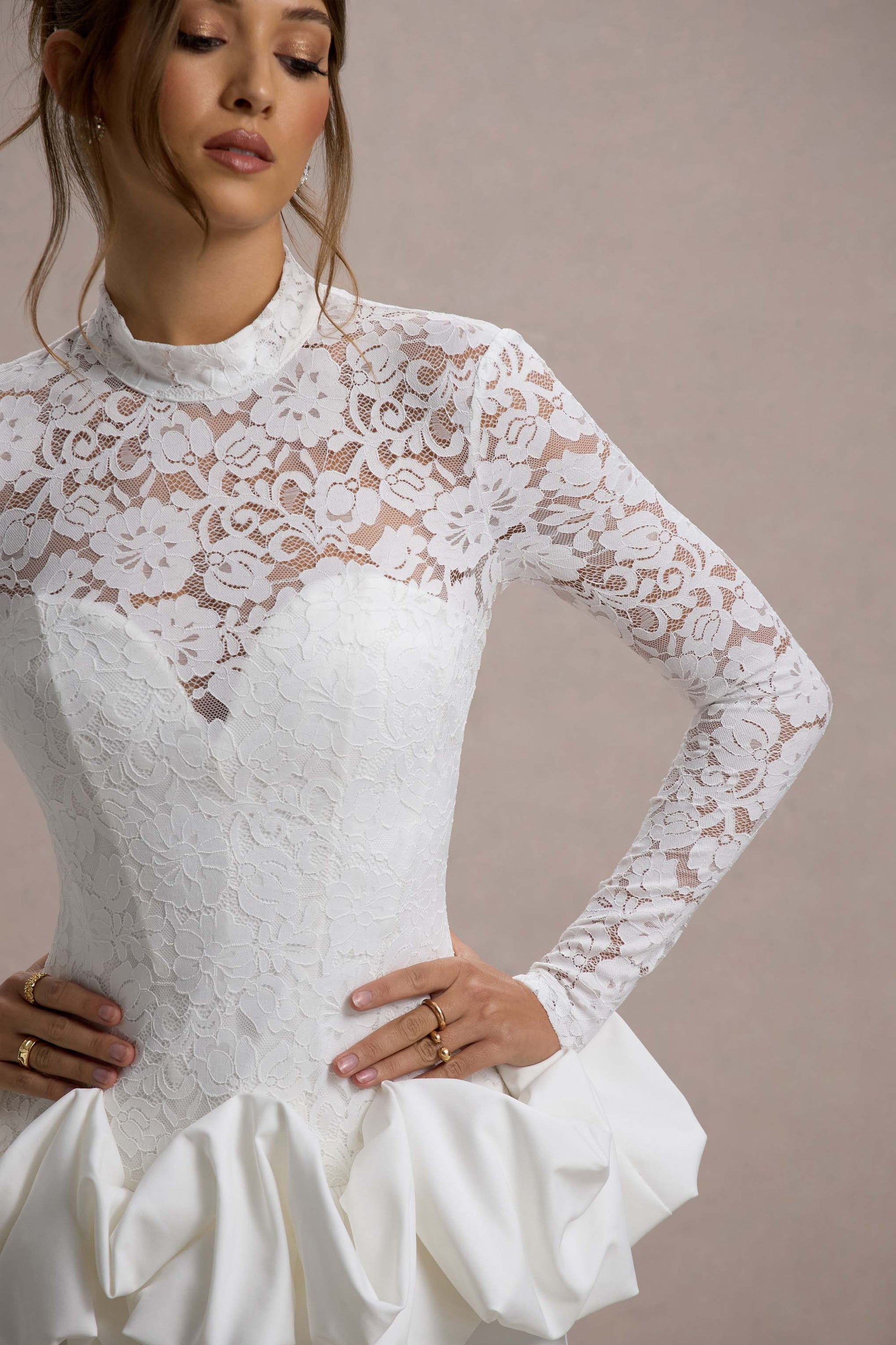 Antheia | White Lace Long-Sleeve Peplum Mini Dress – Club L London