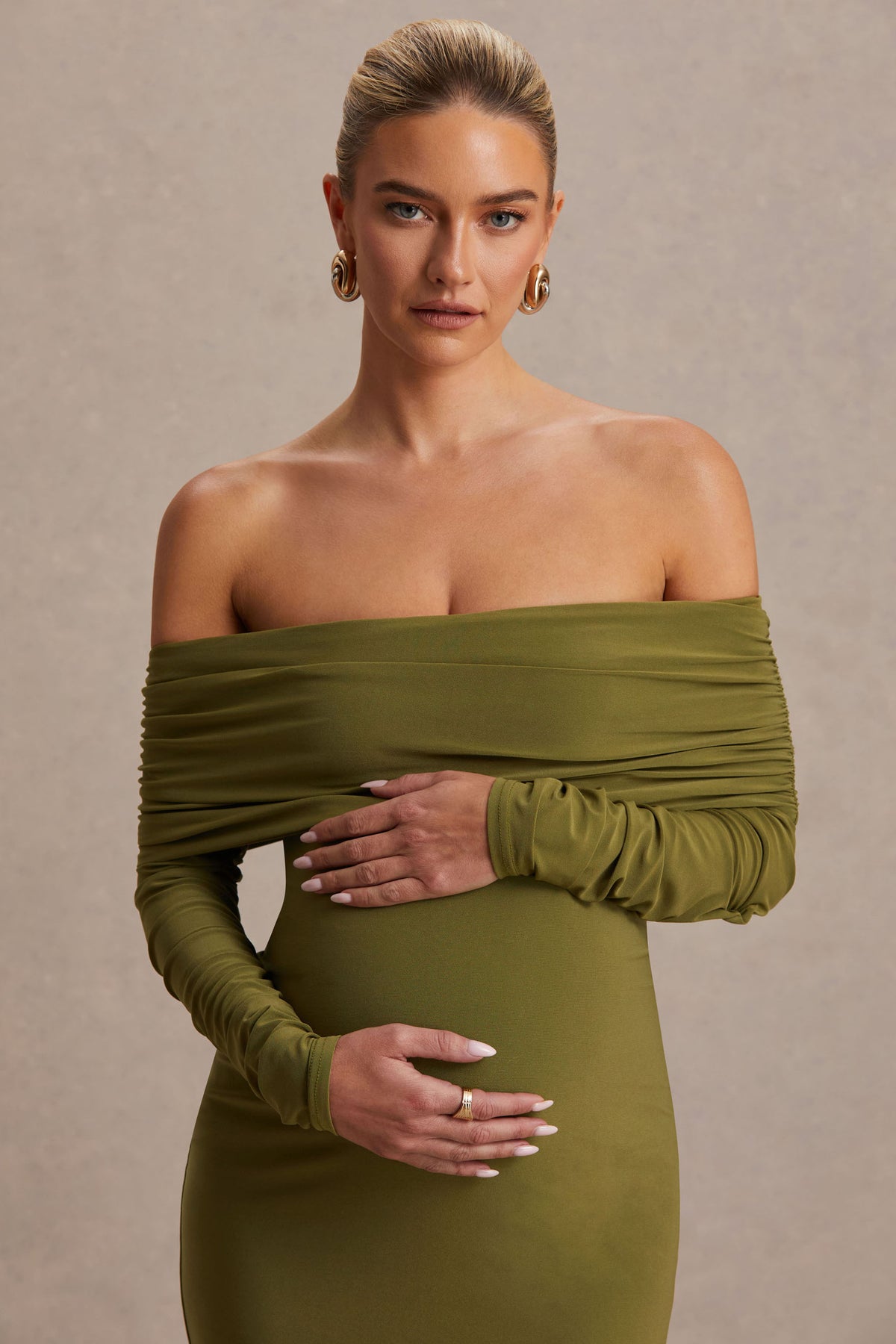 Elspeth | Olive Bardot-Neck Maternity Midi Dress - UK 16 Olive Elspeth | Olive Bardot-Neck Maternity Midi Dress - UK 16 Olive
