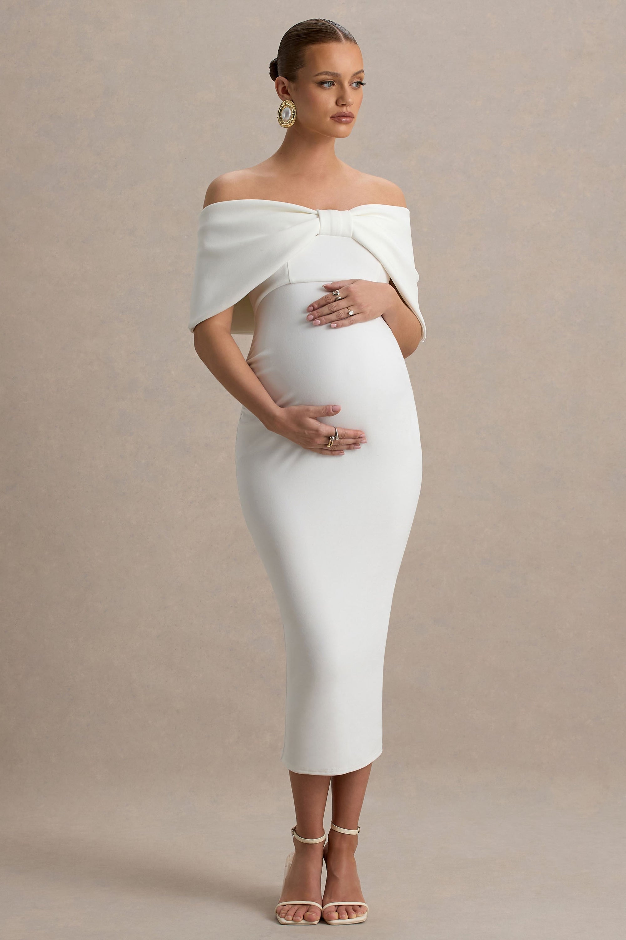 midi off the shoulder maternity dress Black Off Shoulder Ruched Long Sleeve Maternity Midi Dress PinkBlush