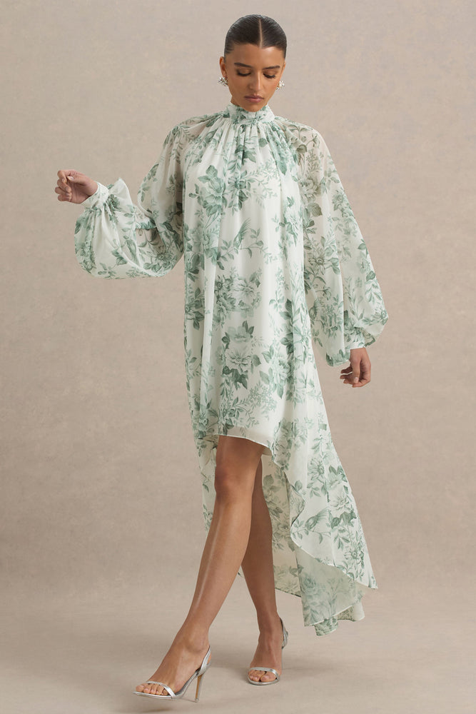 green floral dress with sleeves Delphia | Green Floral Print High-Neck Maxi Dress