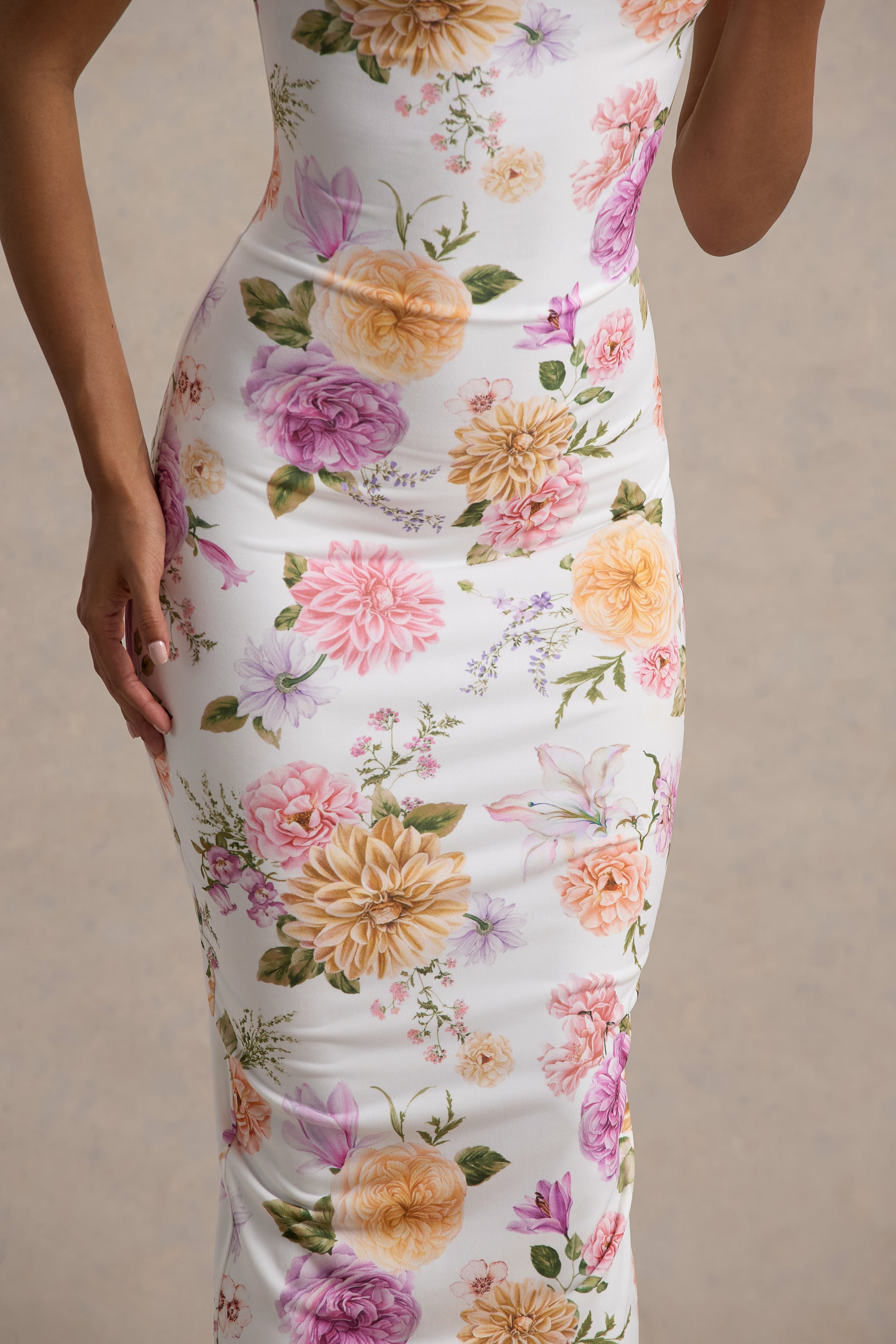 Nora | Peach And Lilac Floral Twisted Asymmetric Midi Dress – Club
