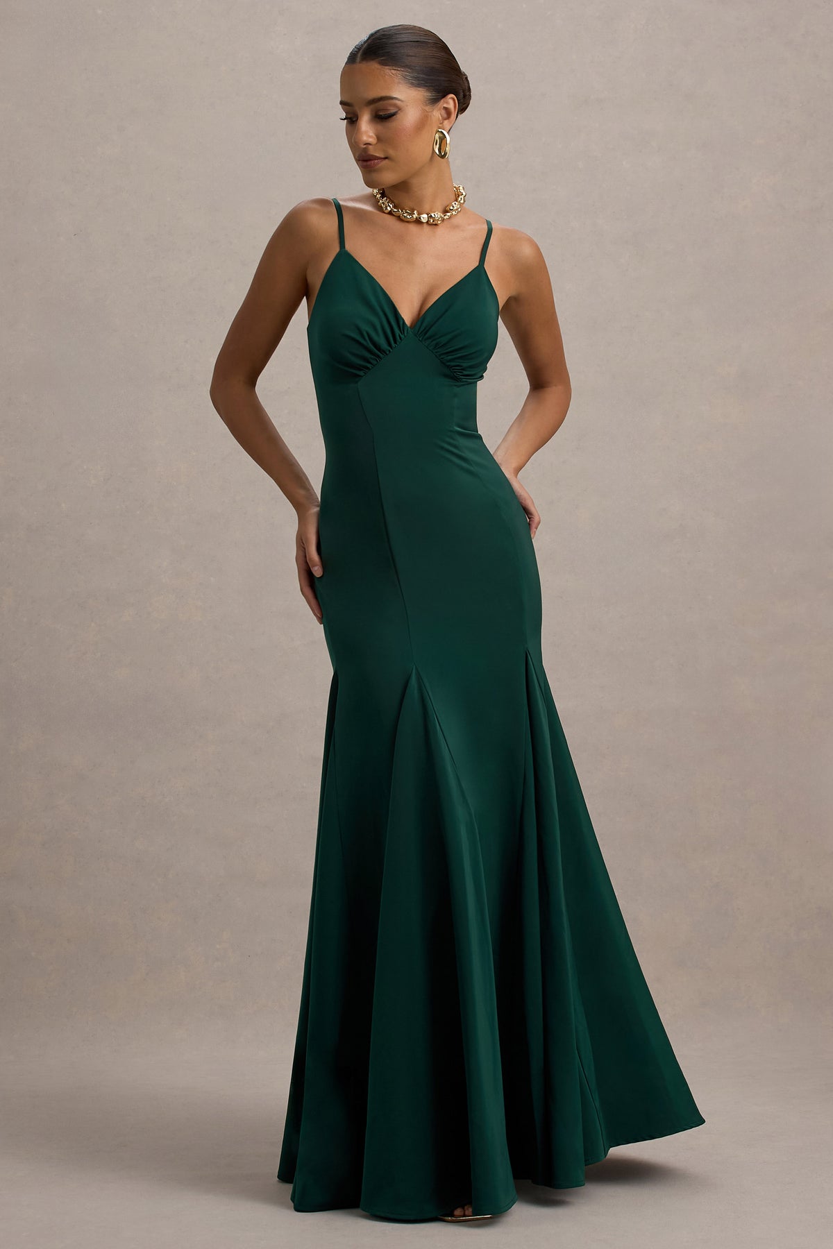 Ashly Bottle Green Satin Maxi Dress With Volume Hem Club L London - USA Ashly Bottle Green Satin Maxi Dress With Volume Hem Club L London - USA