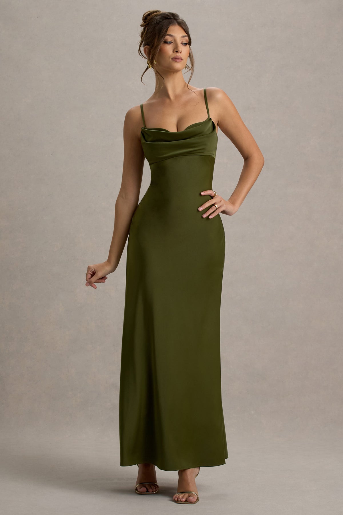 Eimear Olive Green Satin Draped Sweetheart Maxi Dress Club L London - USA Eimear Olive Green Satin Draped Sweetheart Maxi Dress Club L London - USA
