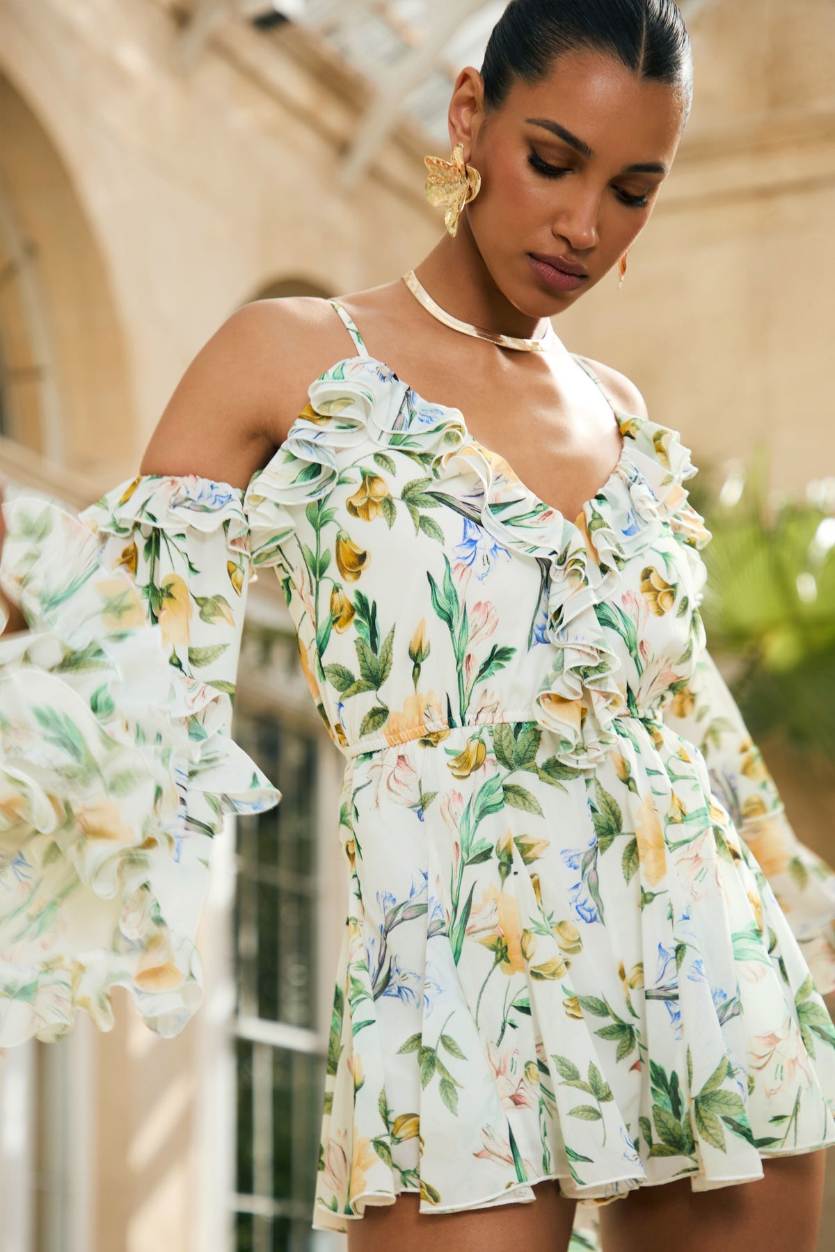 Anaya | White Botanical Print Chiffon Playsuit With Long Sleeves