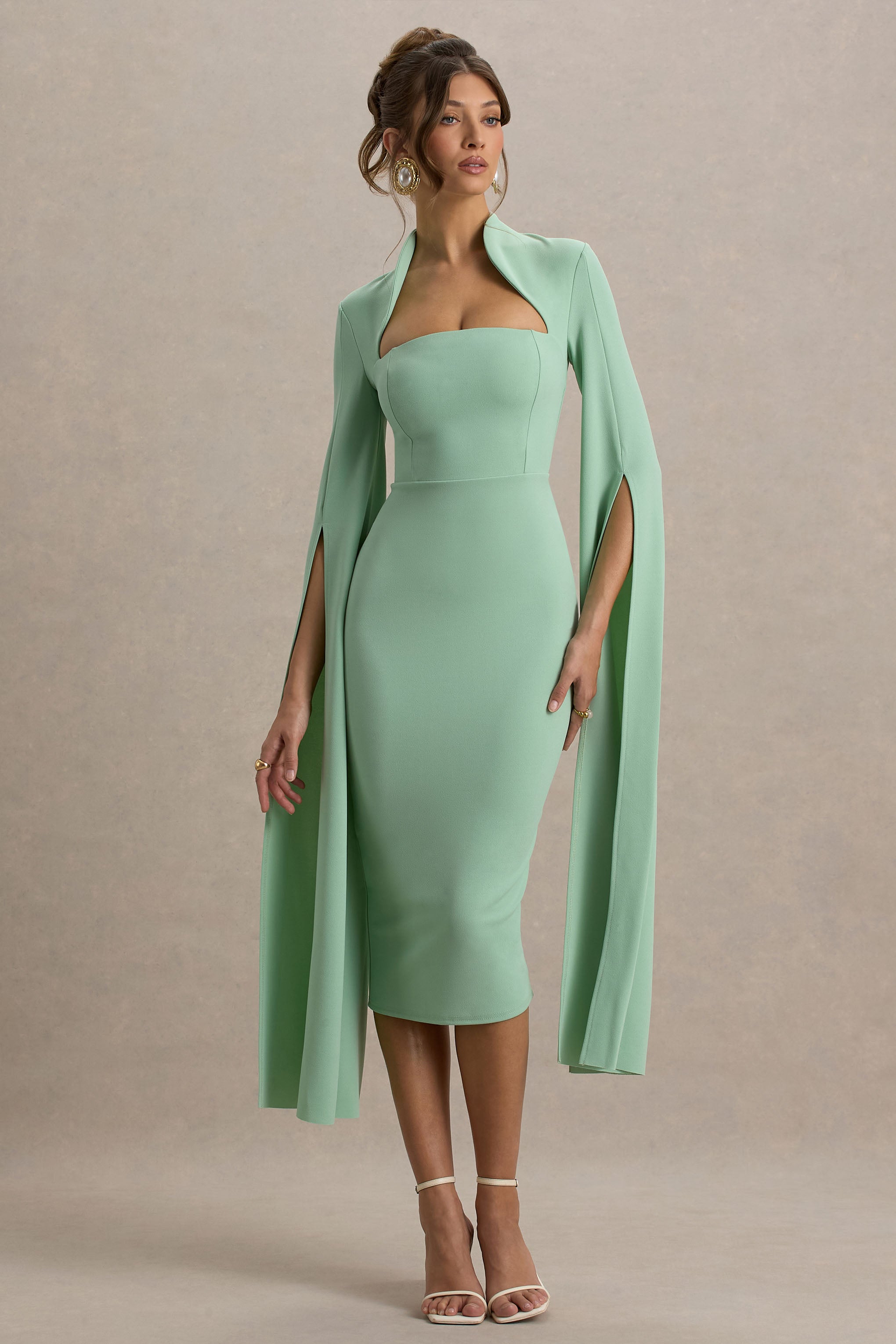 Linden | Light Green Bodycon Cape-Sleeve Midi Dress – Club L
