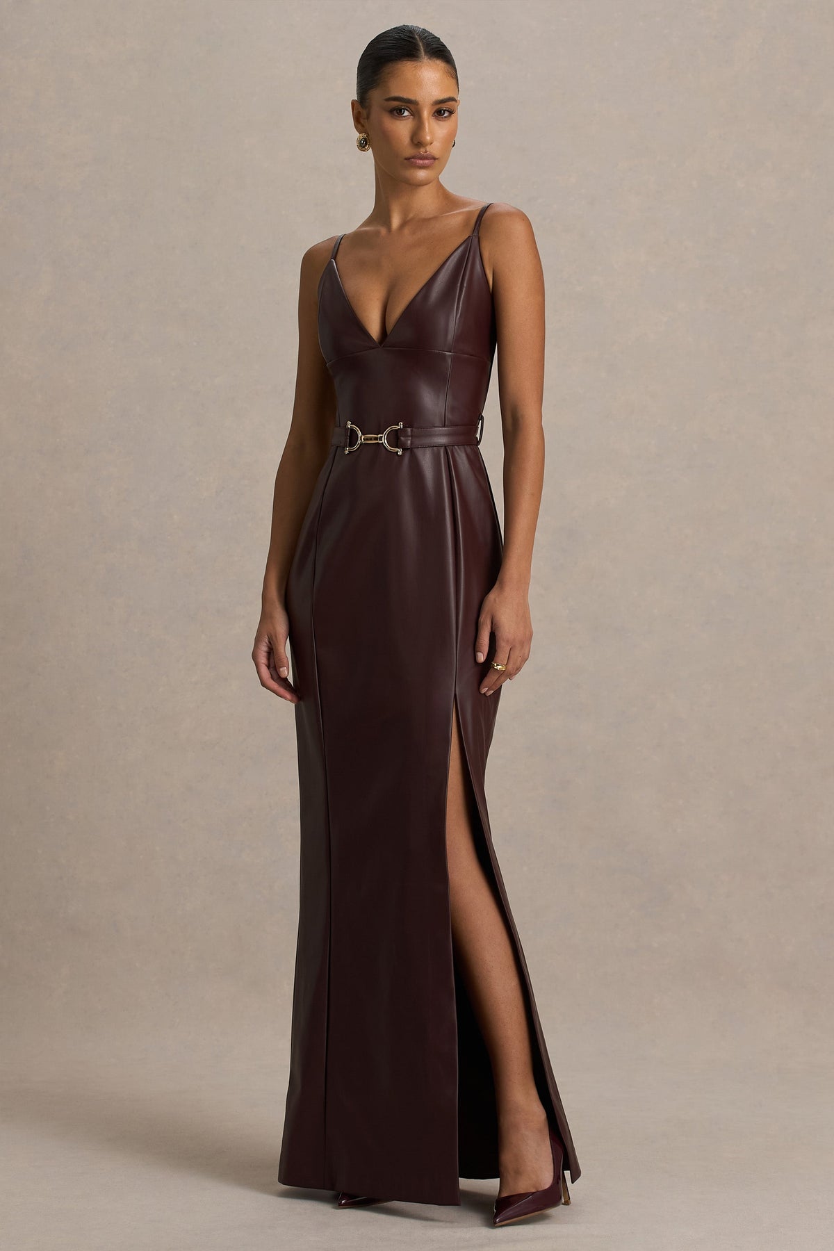 Lila | Burgundy Faux Leather Plunge-Neck Maxi Dress With Split - UK 12 Burgundy Lila | Burgundy Faux Leather Plunge-Neck Maxi Dress With Split - UK 12 Burgundy