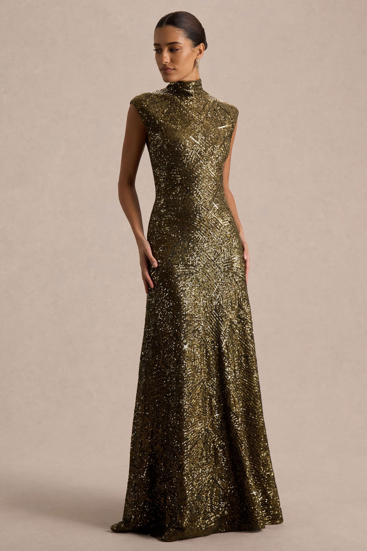 Cecy Khaki Sequin High-Neck Maxi Dress With Cap Sleeves – Club L London