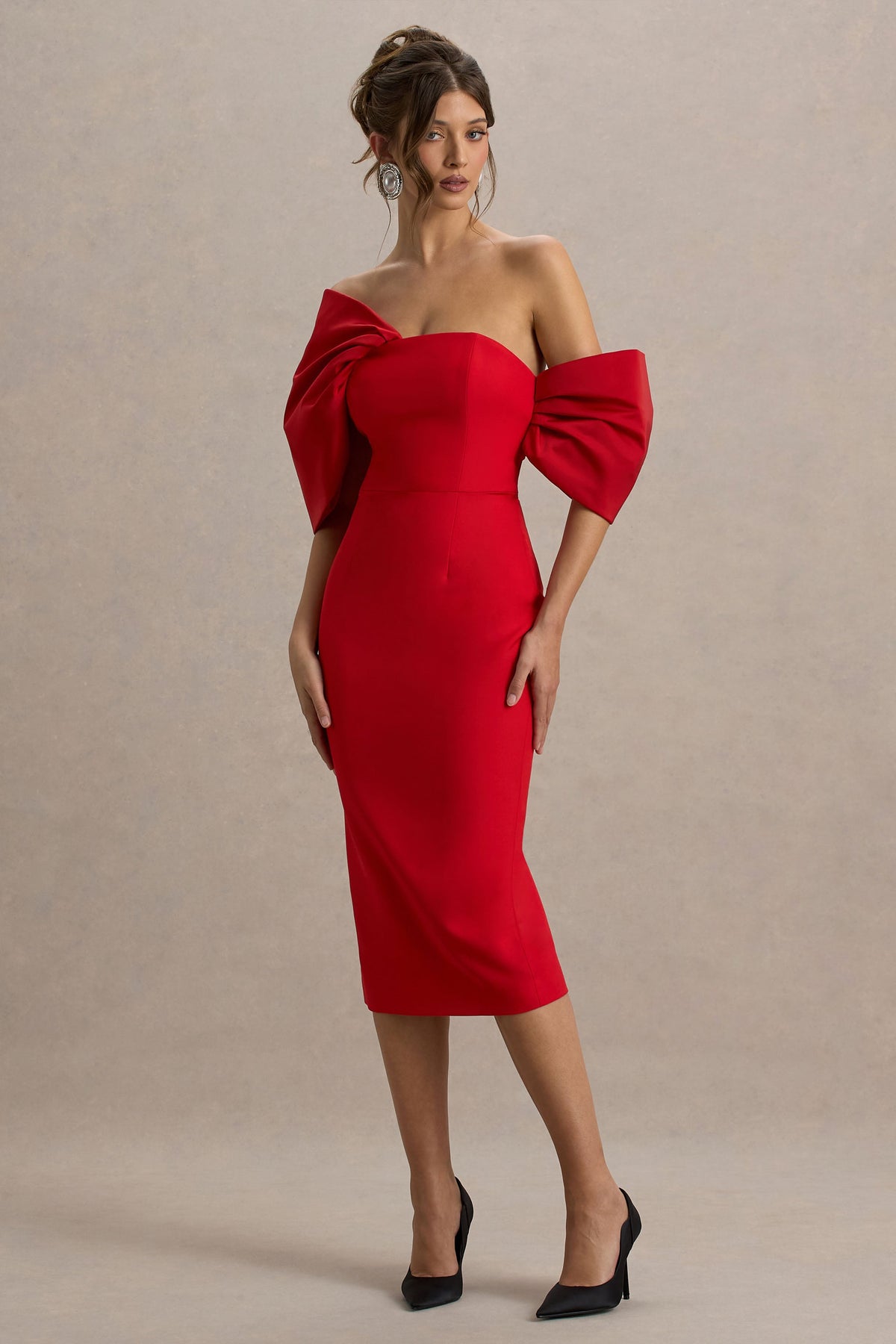 Lucille Red Asymmetric Bardot Midi Dress With Bow Detail Club L London - USA Lucille Red Asymmetric Bardot Midi Dress With Bow Detail Club L London - USA