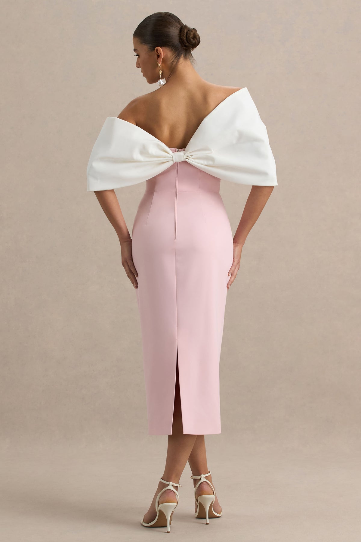 Lucille Rose & Pink Asymmetric Bardot Midi Dress With Bow Detail Club L London - USA Lucille Rose & Pink Asymmetric Bardot Midi Dress With Bow Detail Club L London - USA