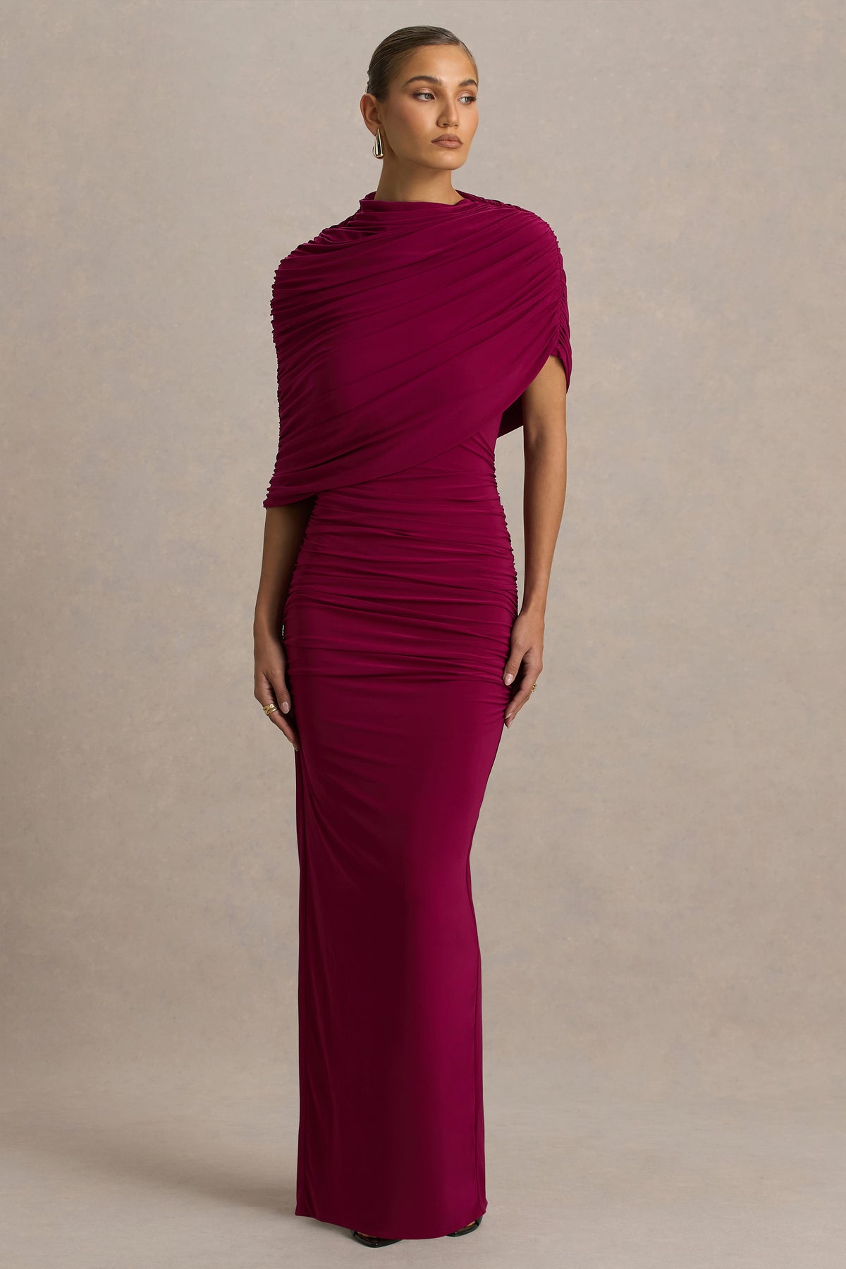 Glitz Burgundy High-Neck Maxi Dress With Cape Sleeve and Ruched Deta