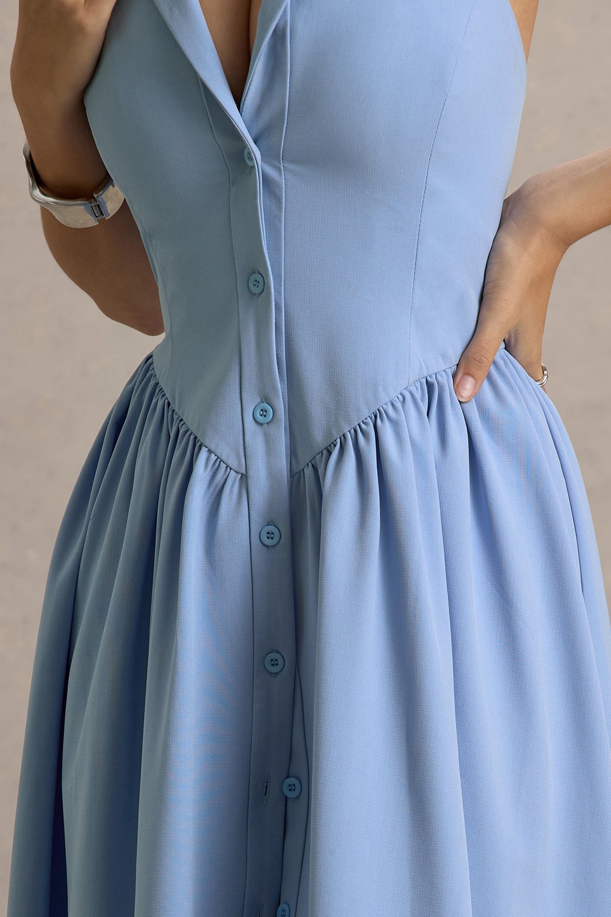 Samsara Light Blue Plunge-Neck Collared Midi Dress Club L London - USA Samsara Light Blue Plunge-Neck Collared Midi Dress Club L London - USA
