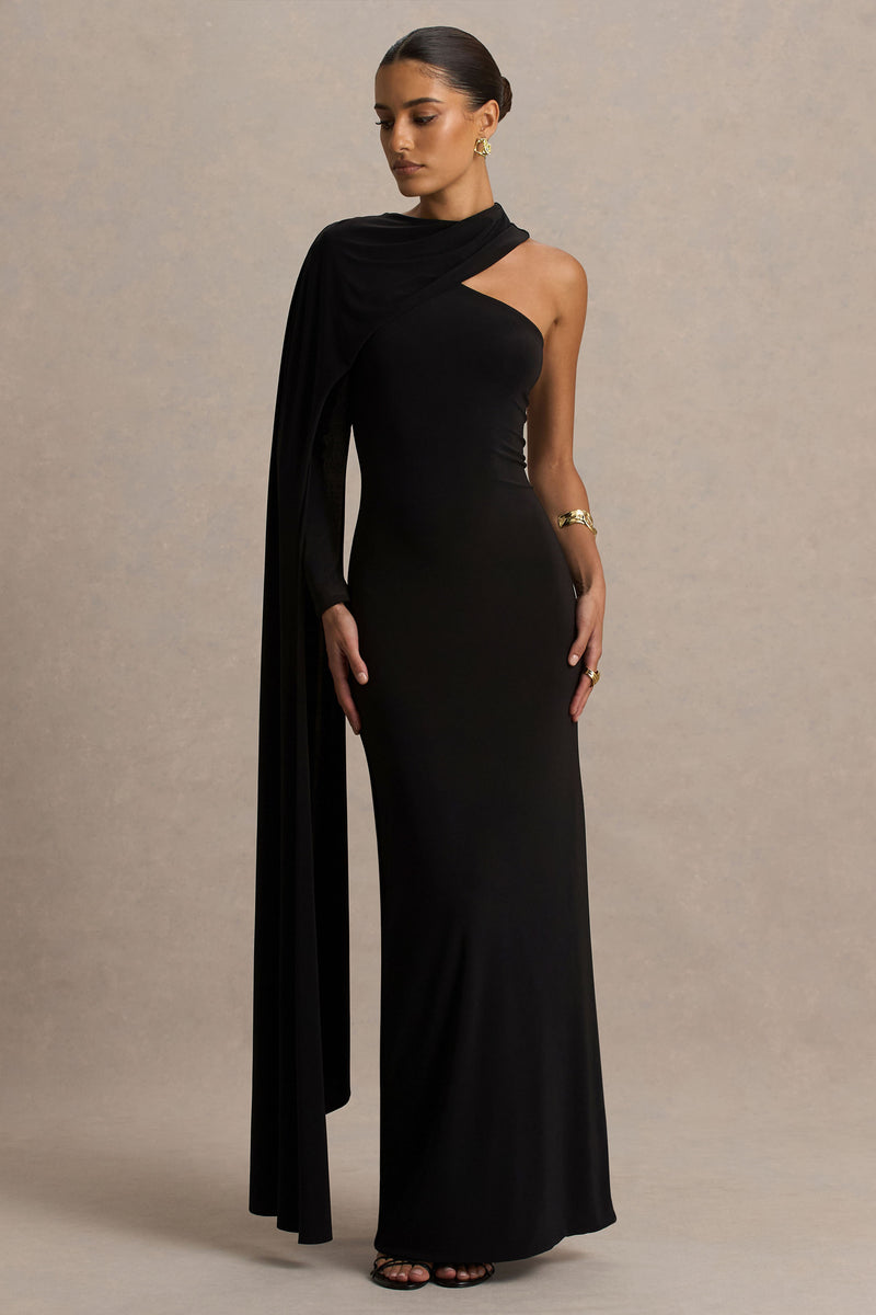 Dawn Black High-Neck Maxi Dress With One Long Cape-Sleeve – Club L