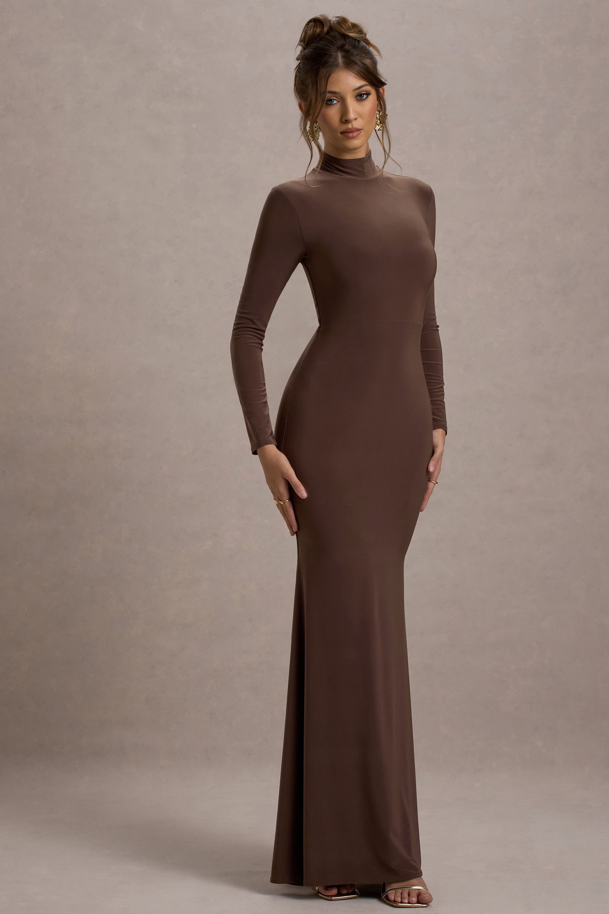 Tova | Chocolate High-Neck Long-Sleeve Maxi Dress - Club L London - USA