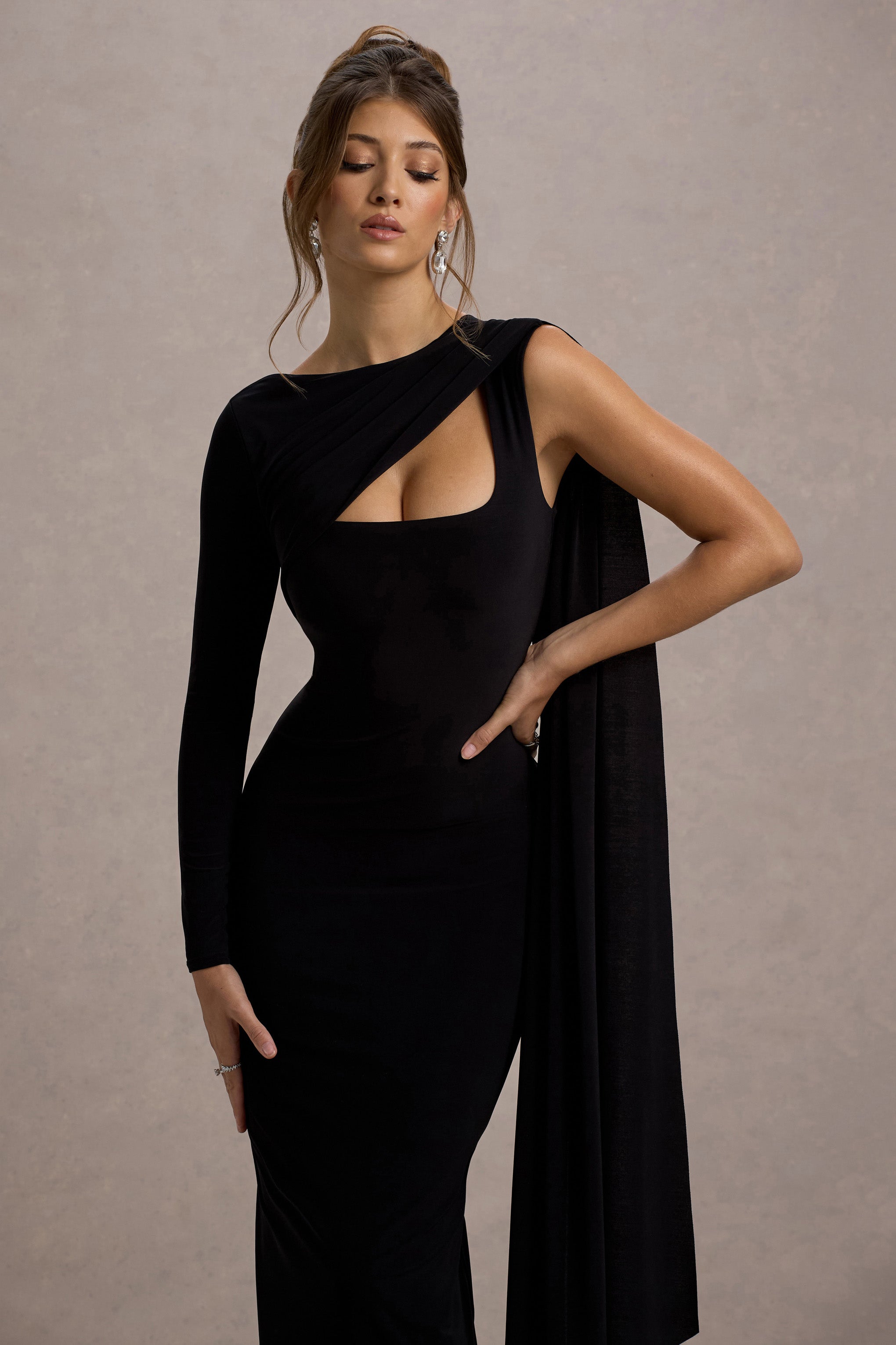 Ashini | Black One-Sleeve Maxi Dress With Cape – Club L London - USA