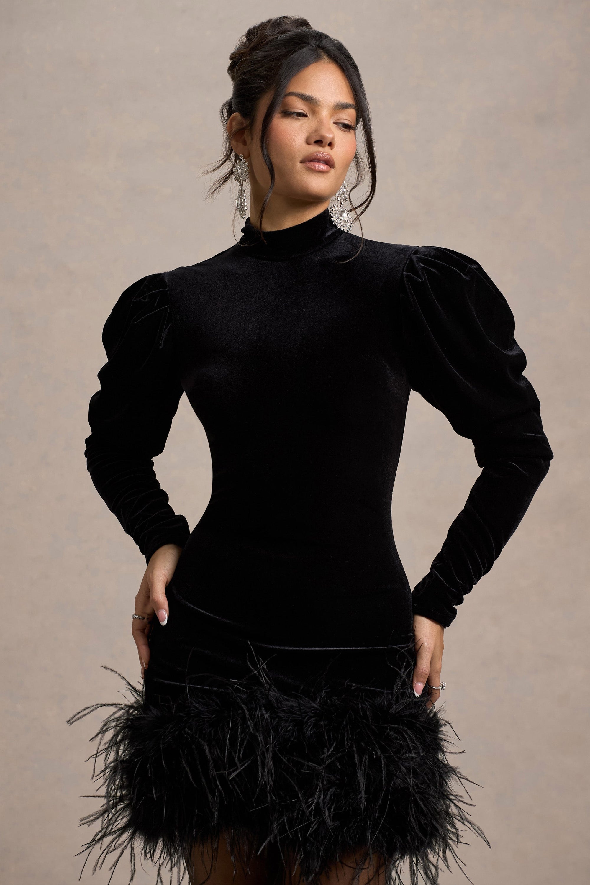 Issa | Black Velvet Long-Sleeve Mini Dress With Feather Trim - Club L London - USA
