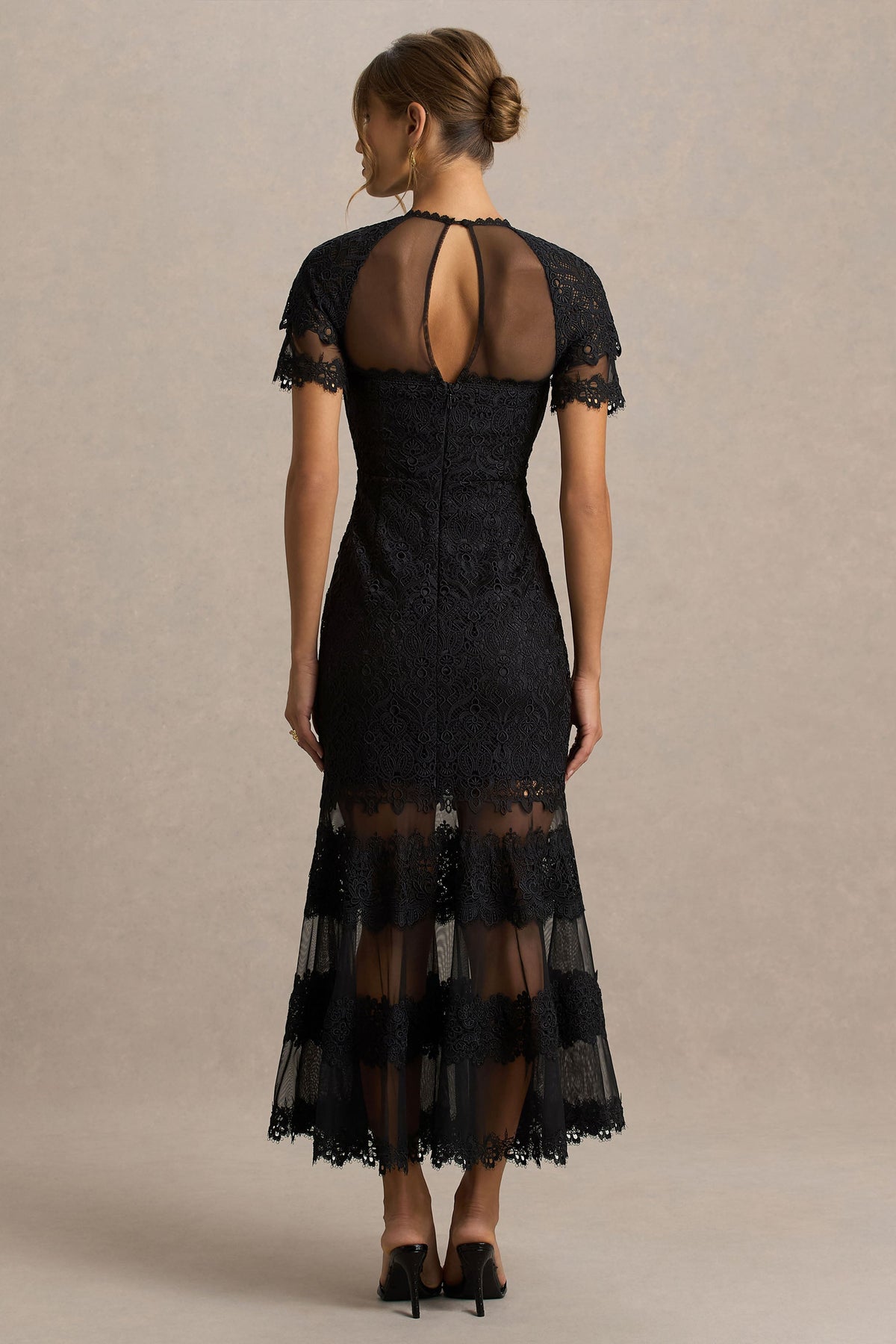 Leanne Black Mesh And Lace Crew-Neck Fishtail Midi Dress Club L London - USA Leanne Black Mesh And Lace Crew-Neck Fishtail Midi Dress Club L London - USA